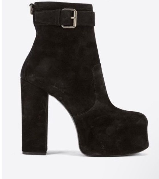 image of Saint Laurent Paris Saint Laurent Mina Cherry 95 Buckle Platform Suede Boot in Black, Women's