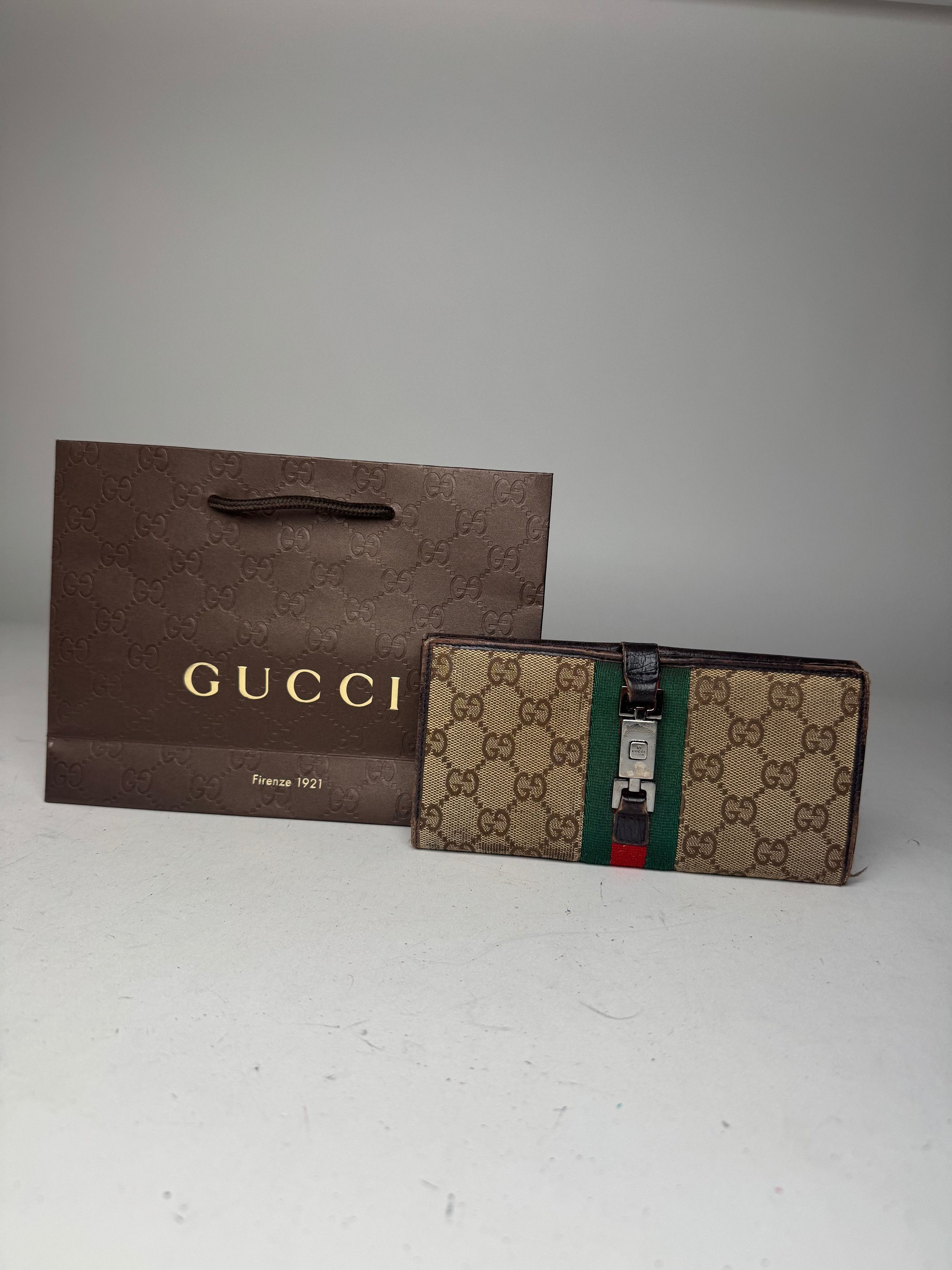 Gucci Vintage Jackie Monogram Leather Long Wallet Beige Brown Size ONE SIZE - 1 Thumbnail
