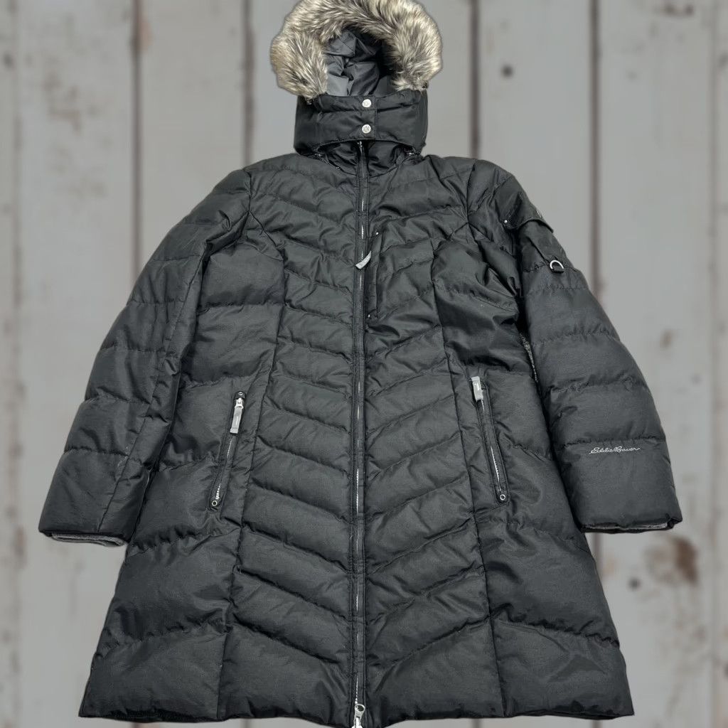 Eddie Bauer Eddie Bauer Parka Long Jacket Womens L Black Down Full Zip Faux Fur Removable Hood Insulated Parka Size L / US 10 / IT 46 - 1 Thumbnail