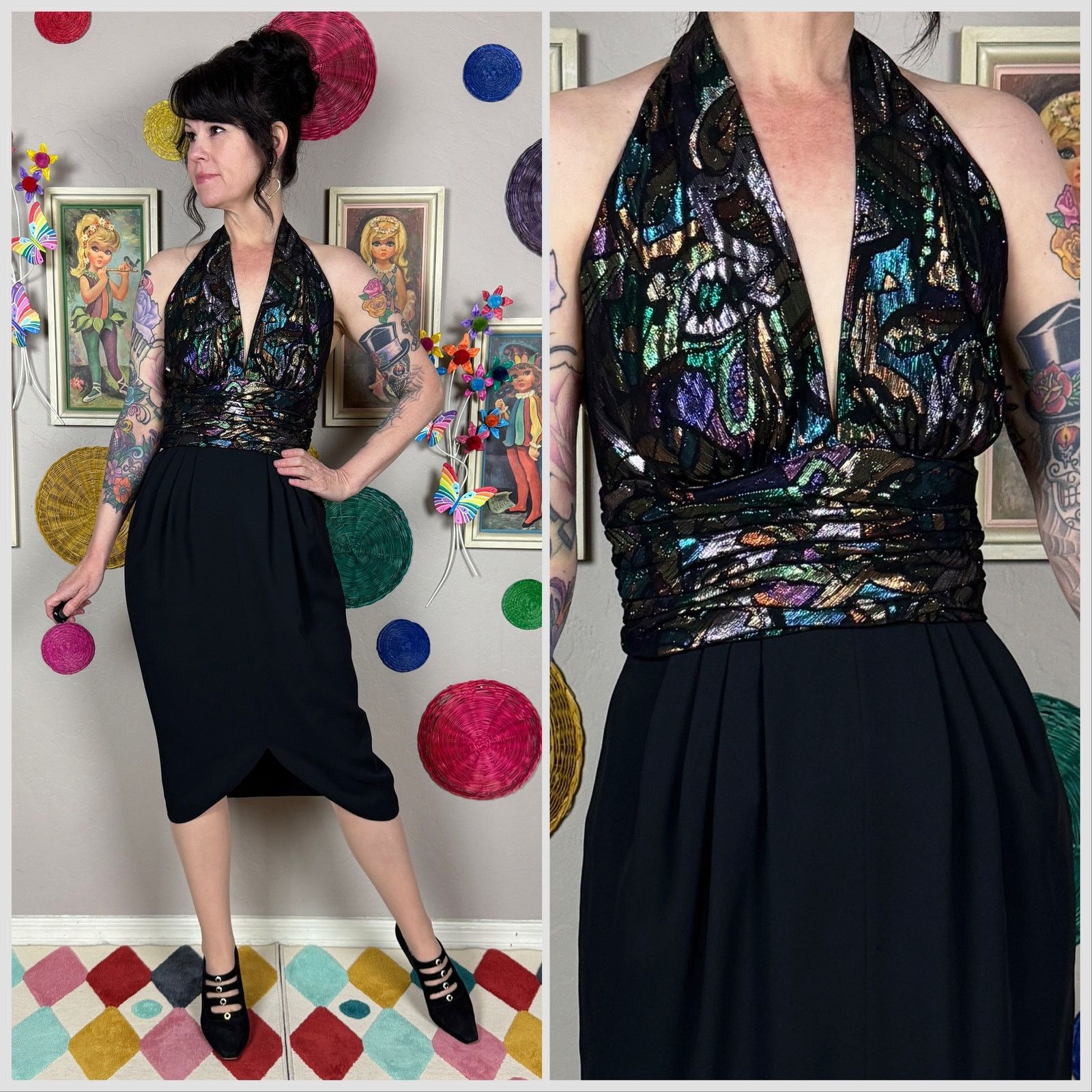 Vintage Vintage 1980s Black Lurex Halter Neck Tulip Cocktail Dress Size S / US 4 / IT 40 - 1 Thumbnail