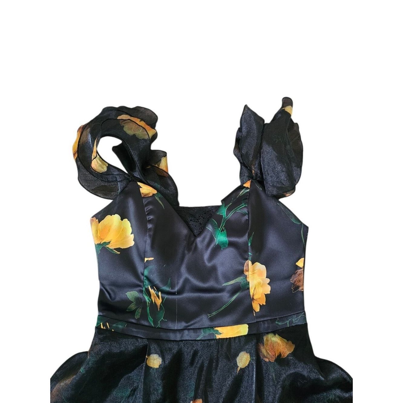 Other Weraberto Black Floral Organza Party Dress Ruffle Sleeve Fi Size XL / US 12-14 / IT 48-50 - 2 Thumbnail