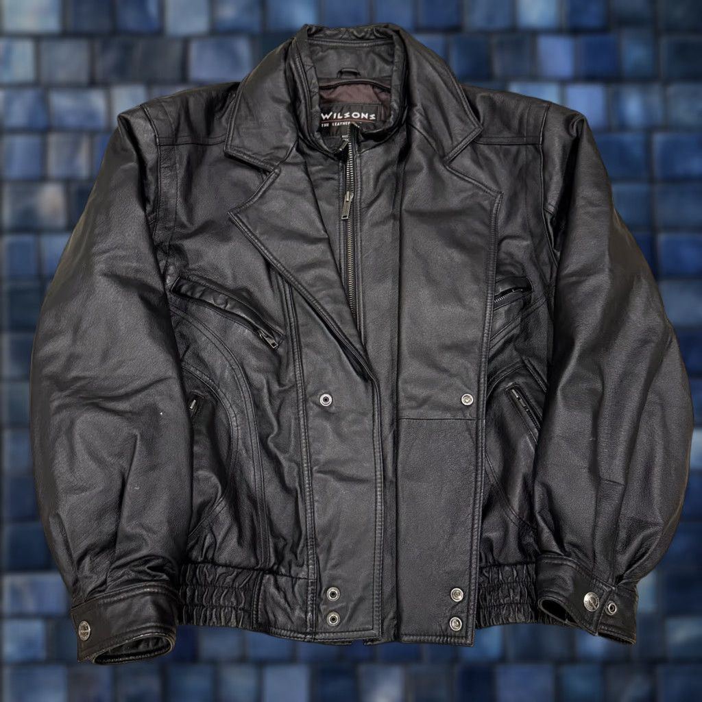 VINTAGE Wilsons Leather Bomber Jacket Coat Mens XL Black Leather Full Zip Motorcycle Aviator Coat