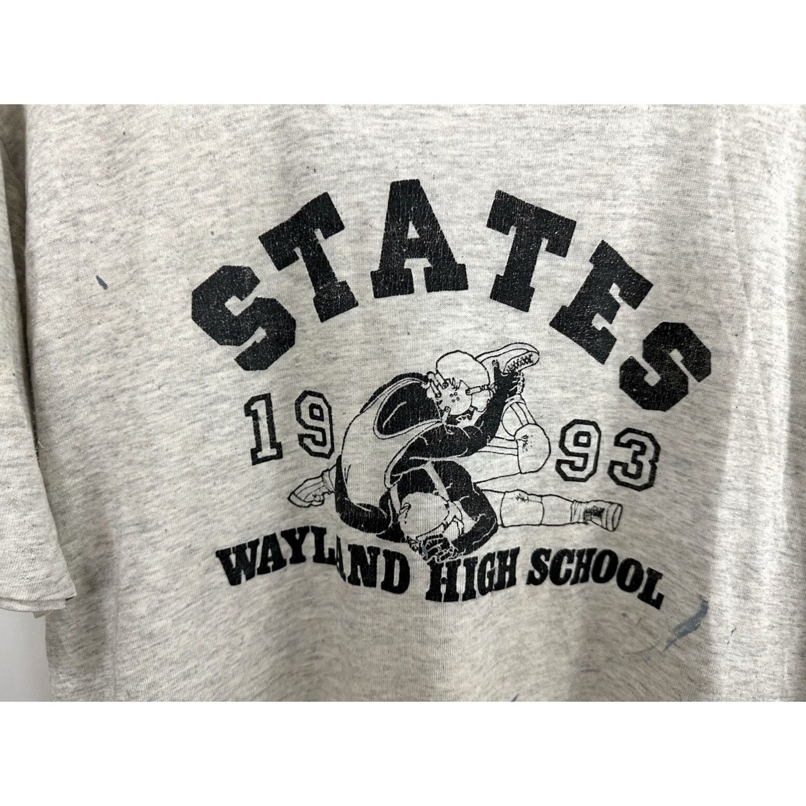 Jerzees VTG 90s State Wayland Wrestling Paper Thin Burnout Worn WIP T-Shirt XL Gray Mens Tee Front Thin Grunge 90s Size US XL / EU 56 / 4 - 4 Thumbnail