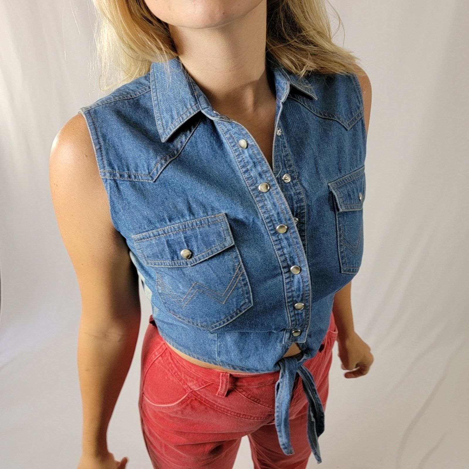 NEW 70's Wrangler Denim Pearl Snap Crop Tie Front Vest