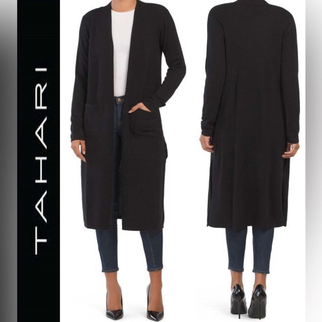 Other TAHARI Pure Luxe 2-ply Long Knit Duster Black Cardigan sz S Size XS / US 0-2 / IT 36-38 - 2 Thumbnail