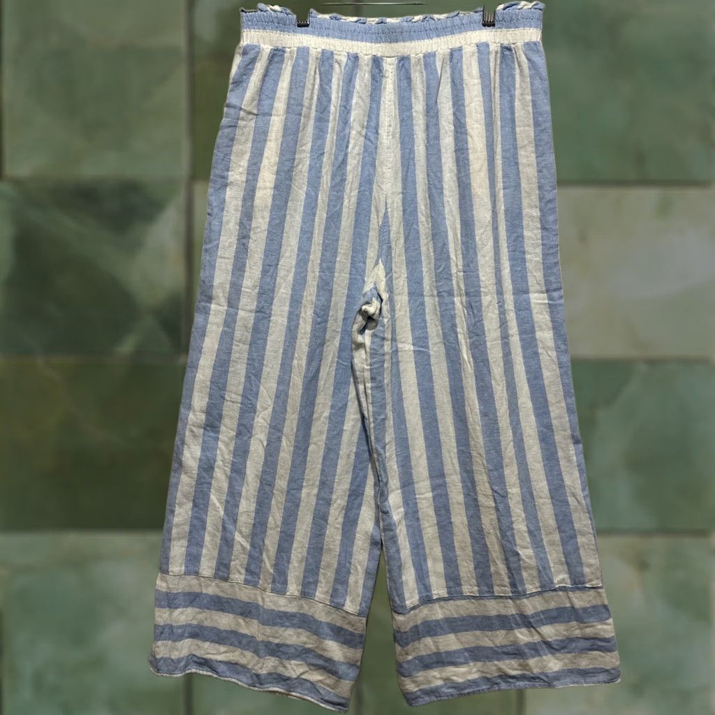 Vintage Lauren Conrad Pants Women’s Large Blue White Stripe Linen Wide-Leg Cropped (LC Lauren Conrad) Size 36" / US 14 / IT 50 - 1 Thumbnail
