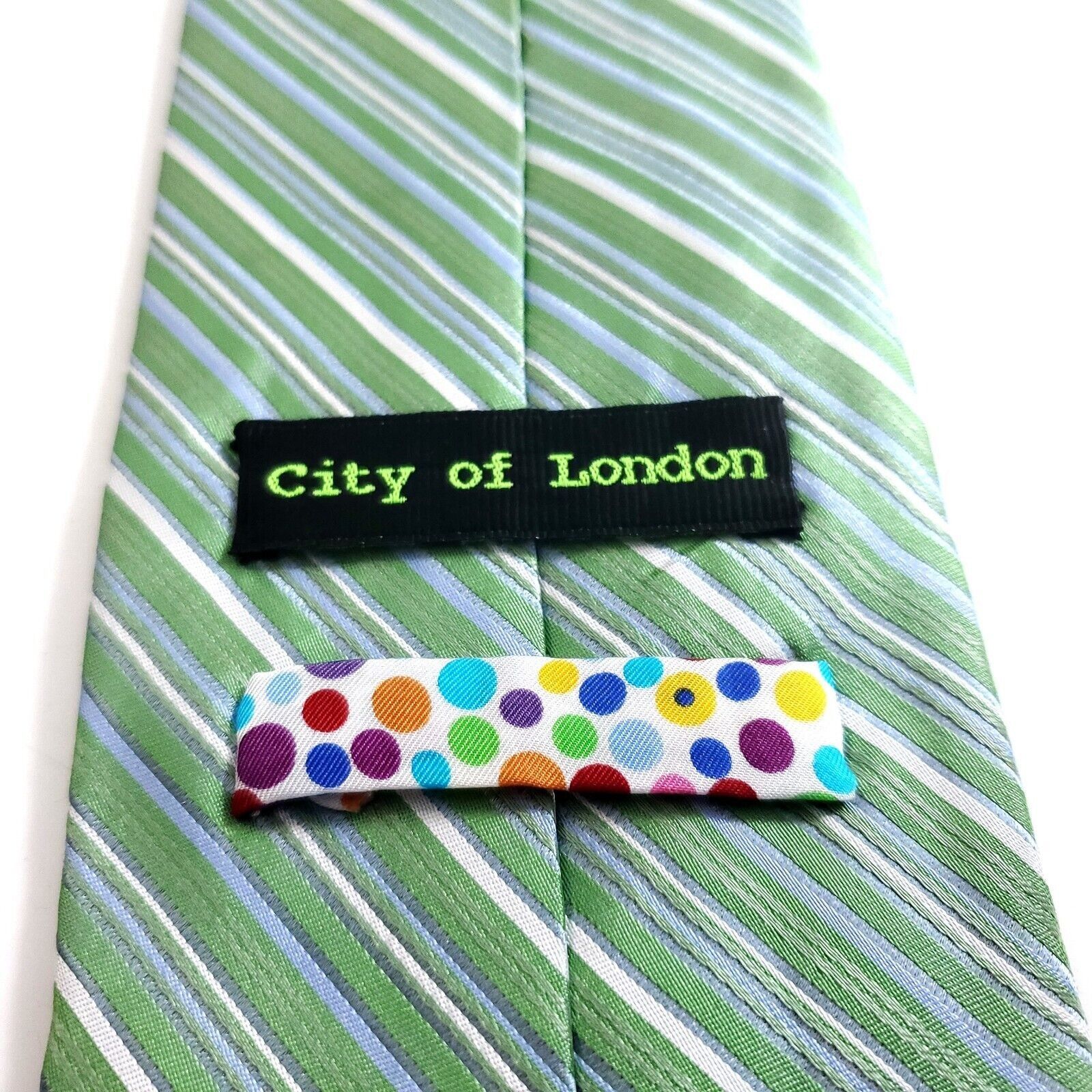 Designer City Of London Green Blue Striped Woven Wide Silk Tie Size ONE SIZE - 3 Thumbnail