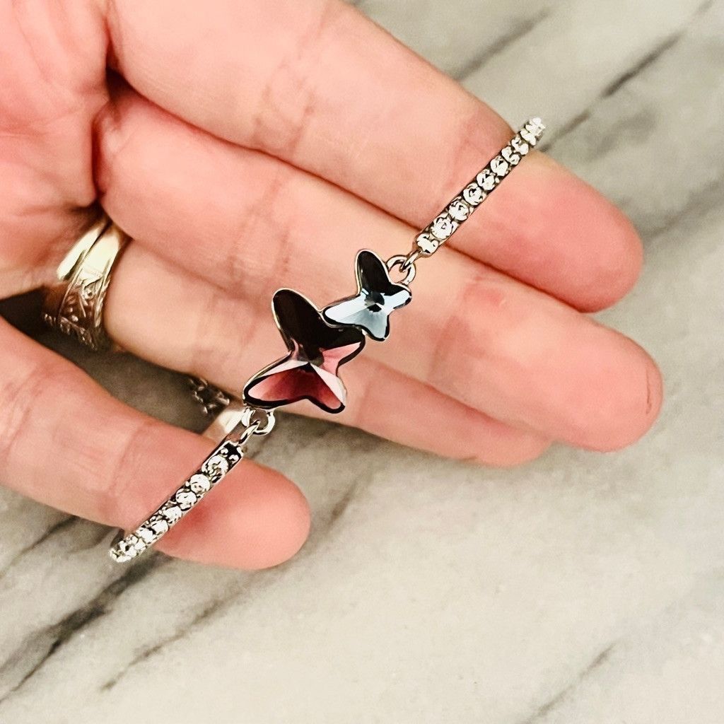 Jewelry Crystal Butterfly Bracelet Blue Purple Pink Bangle Rhodium Size ONE SIZE - 3 Thumbnail