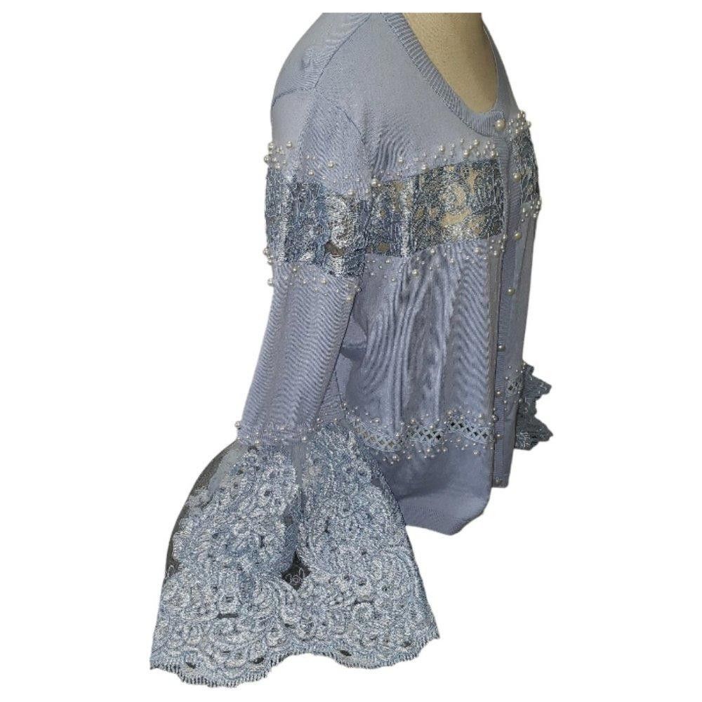 Designer CT418 Boston Proper Blue Lace & Pearl Simmer Cardigan XL Size XL / US 12-14 / IT 48-50 - 4 Thumbnail