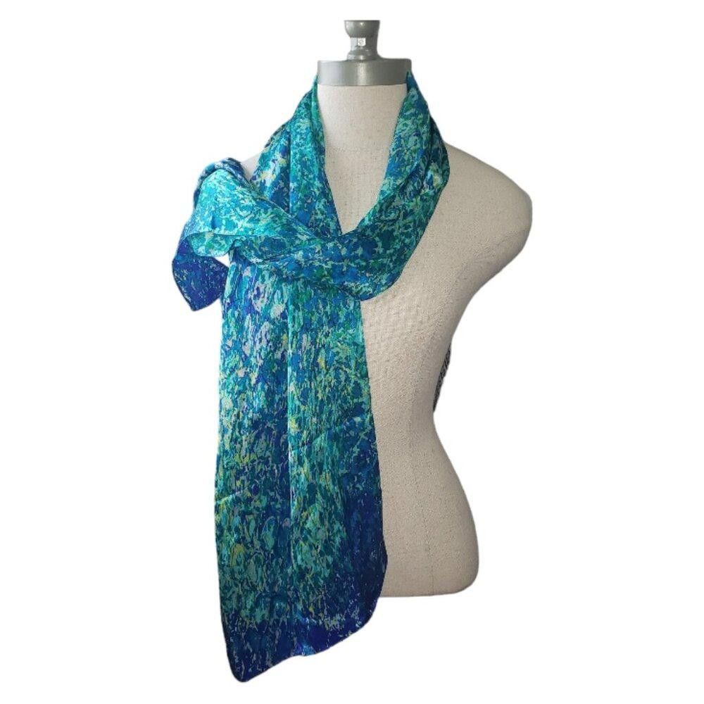 Designer CT1589 Anne Klein 100% Silk Blue & Green Scarf Size ONE SIZE - 4 Thumbnail