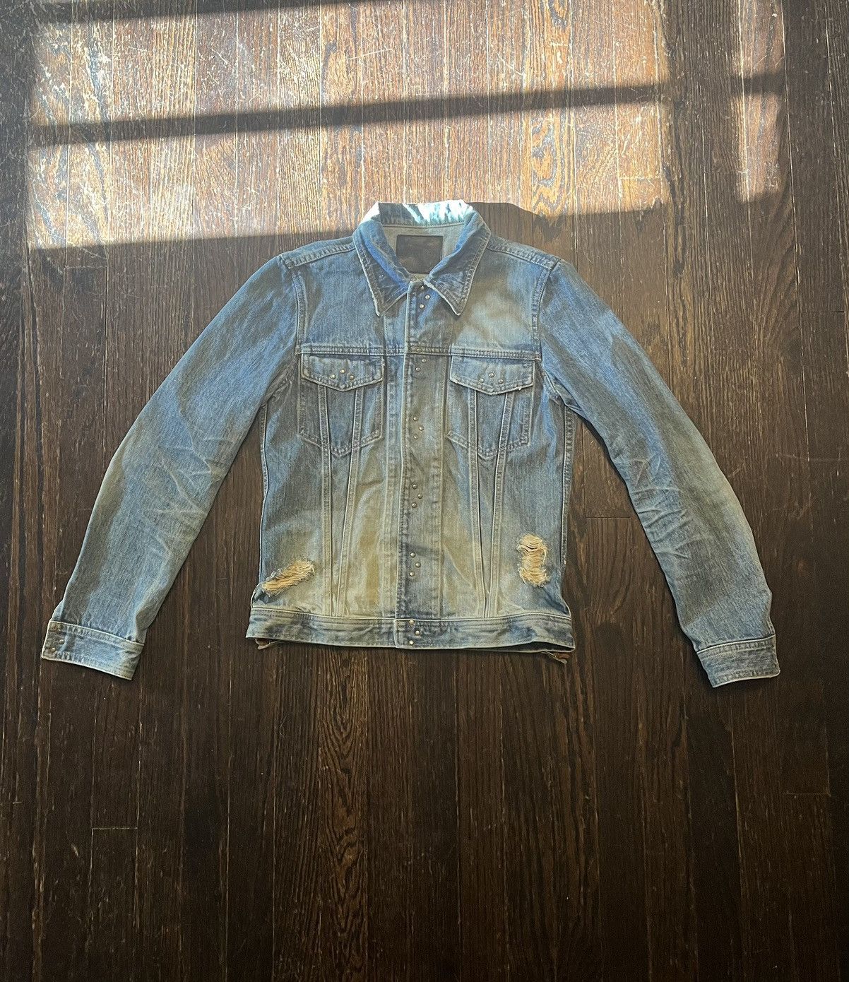 image of Backlash Distressed Denim Jacket in Blue, Men's (Size XS)