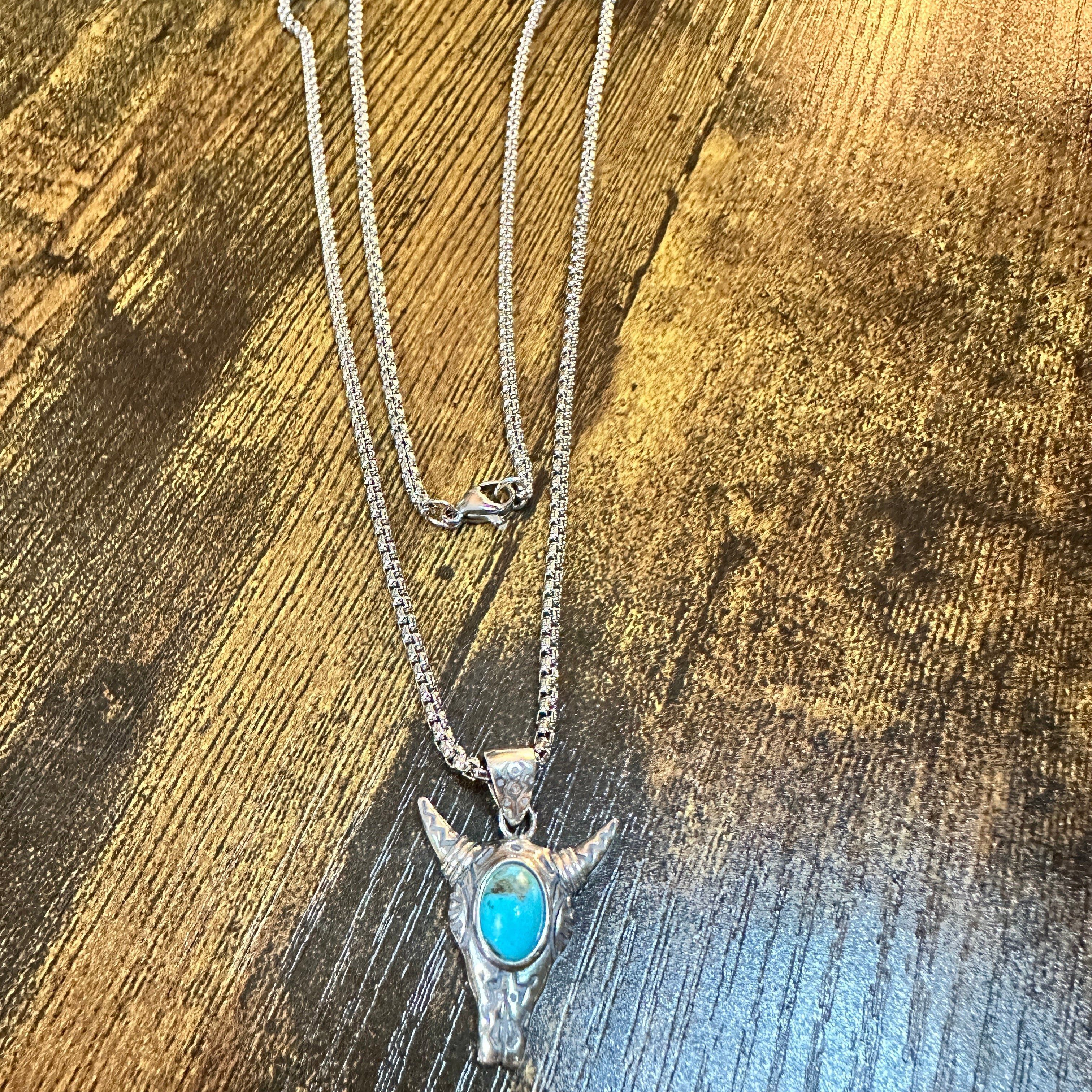 Other Boho Turquoise-Embellished Cow Skull Chain Necklace: 18" Ste Size ONE SIZE - 8 Thumbnail