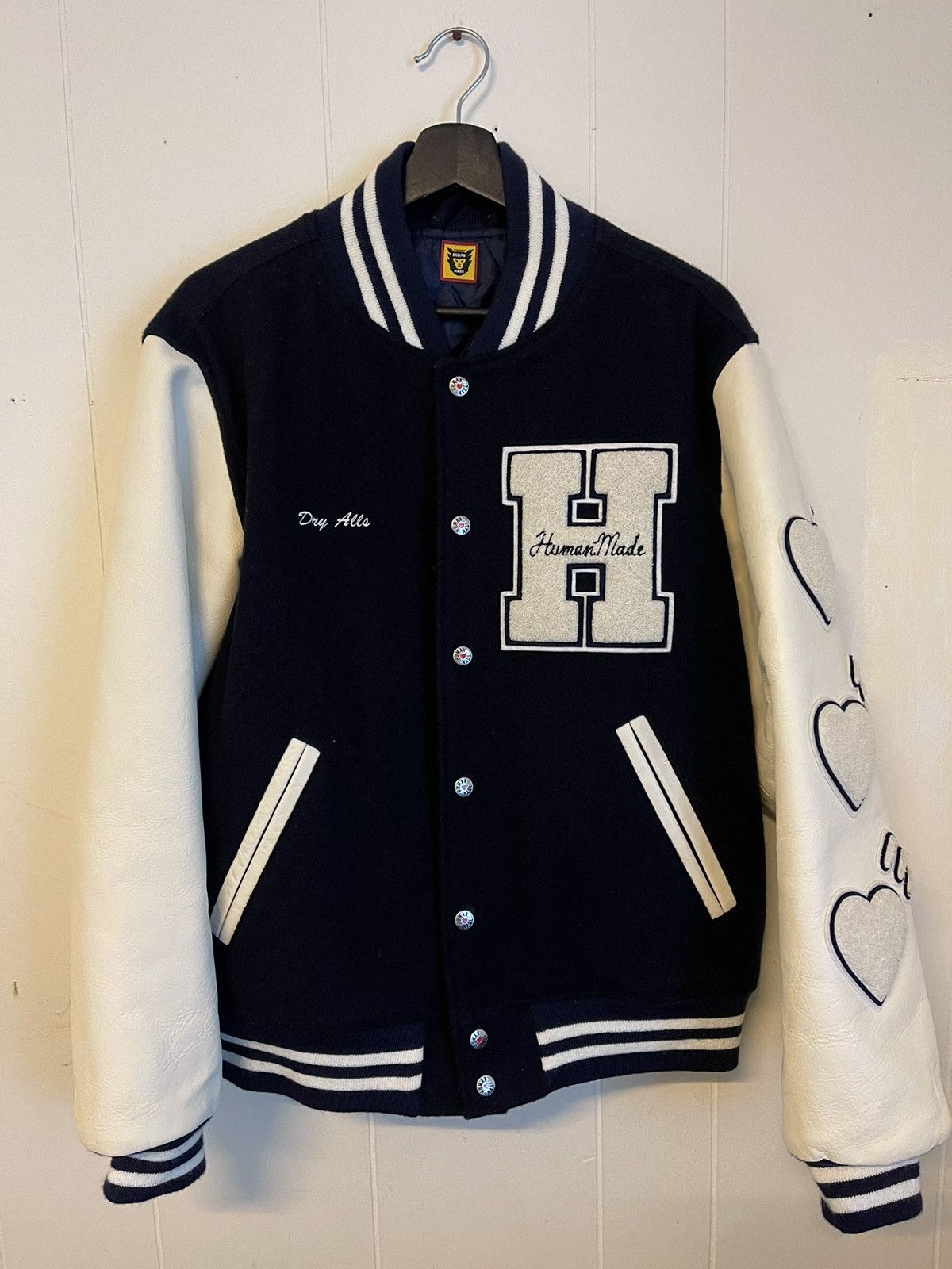 image of Human Made Heart Varsity Jacket in Navy, Men's (Size Large)
