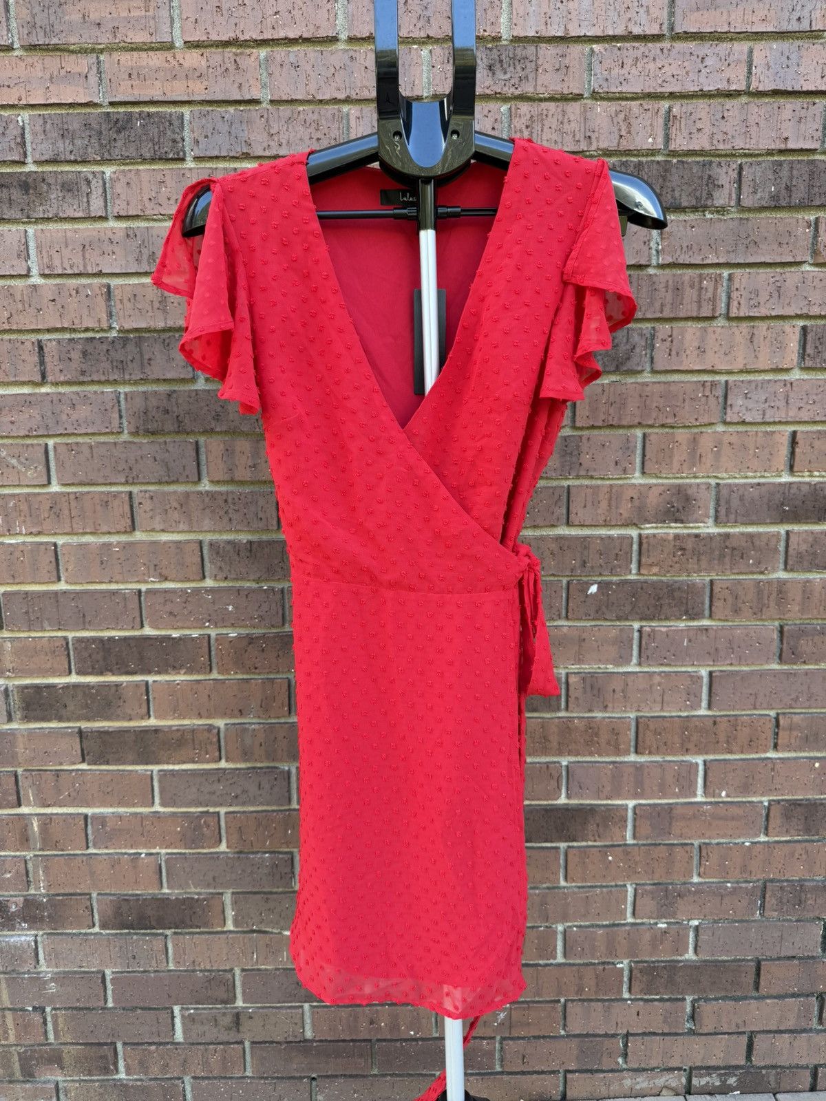 Lulus Lulus Red Swiss Dot Flutter Sleeve Wrap Mini Dress Size S / US 4 / IT 40 - 6 Thumbnail