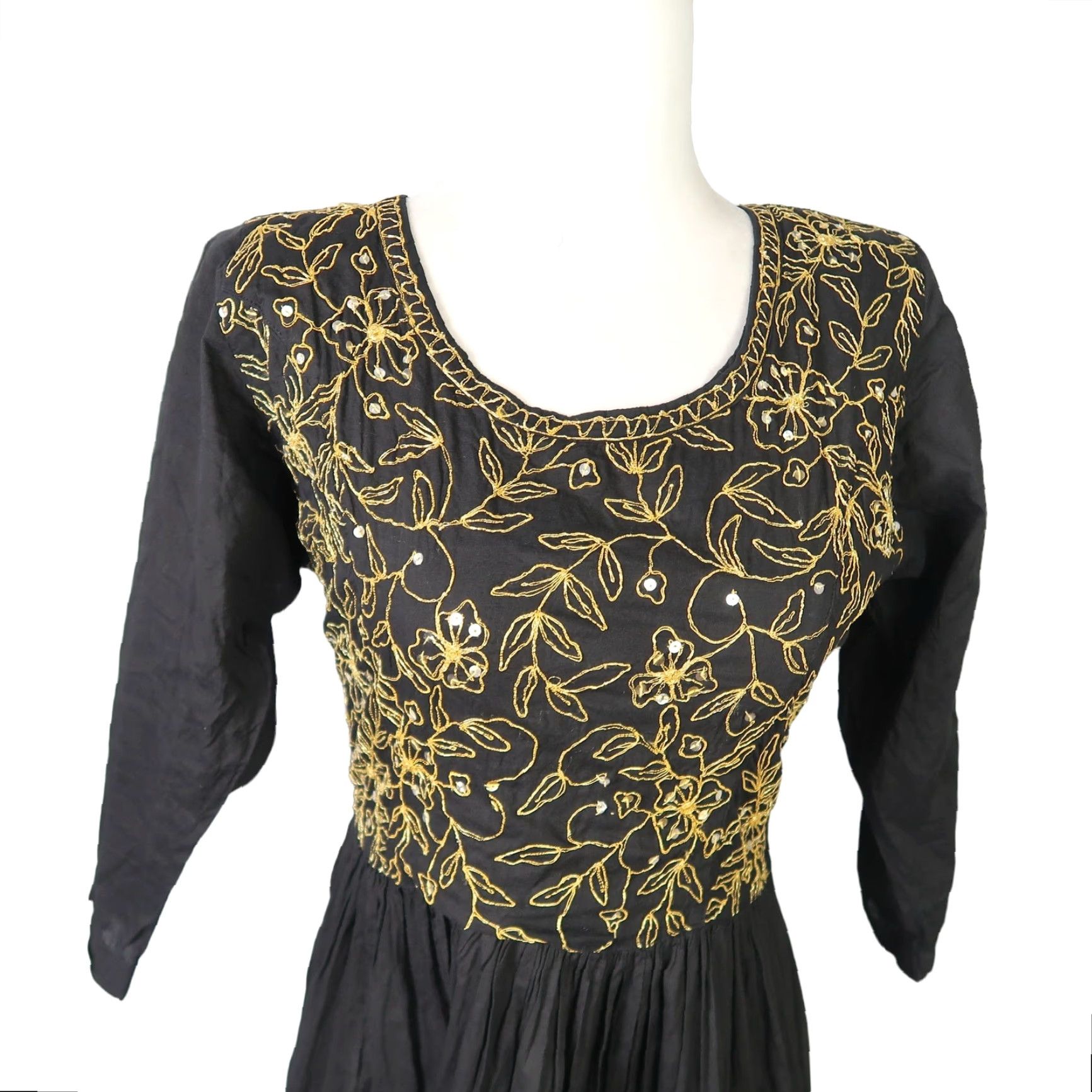 Vintage VINTAGE 90s PASSPORTS Black Cotton Midi Dress Embroidered A-Line M Women's Size M / US 6-8 / IT 42-44 - 2 Thumbnail