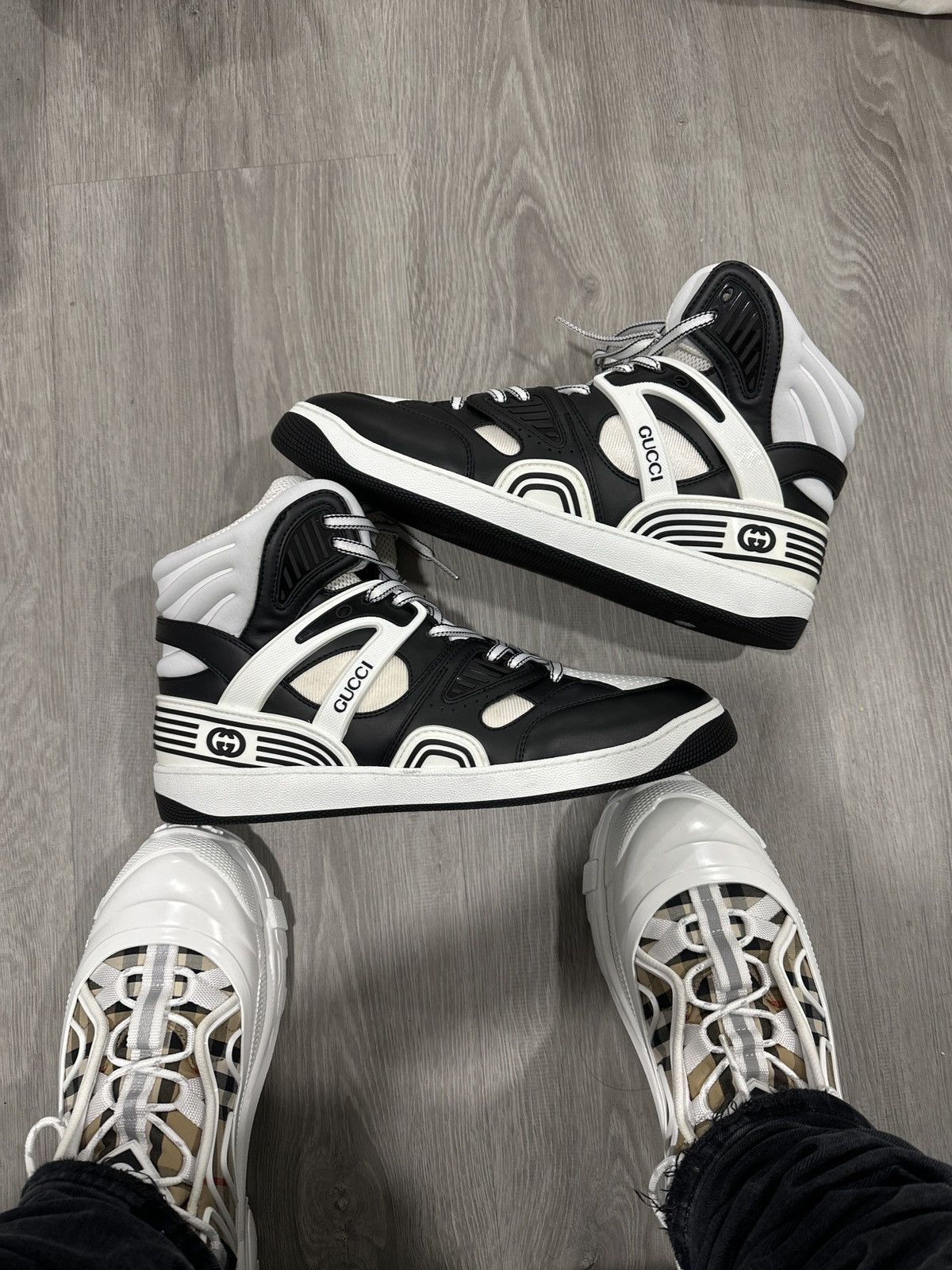 image of Gucci Basket Shoes Black And White, Men's (Size 12)