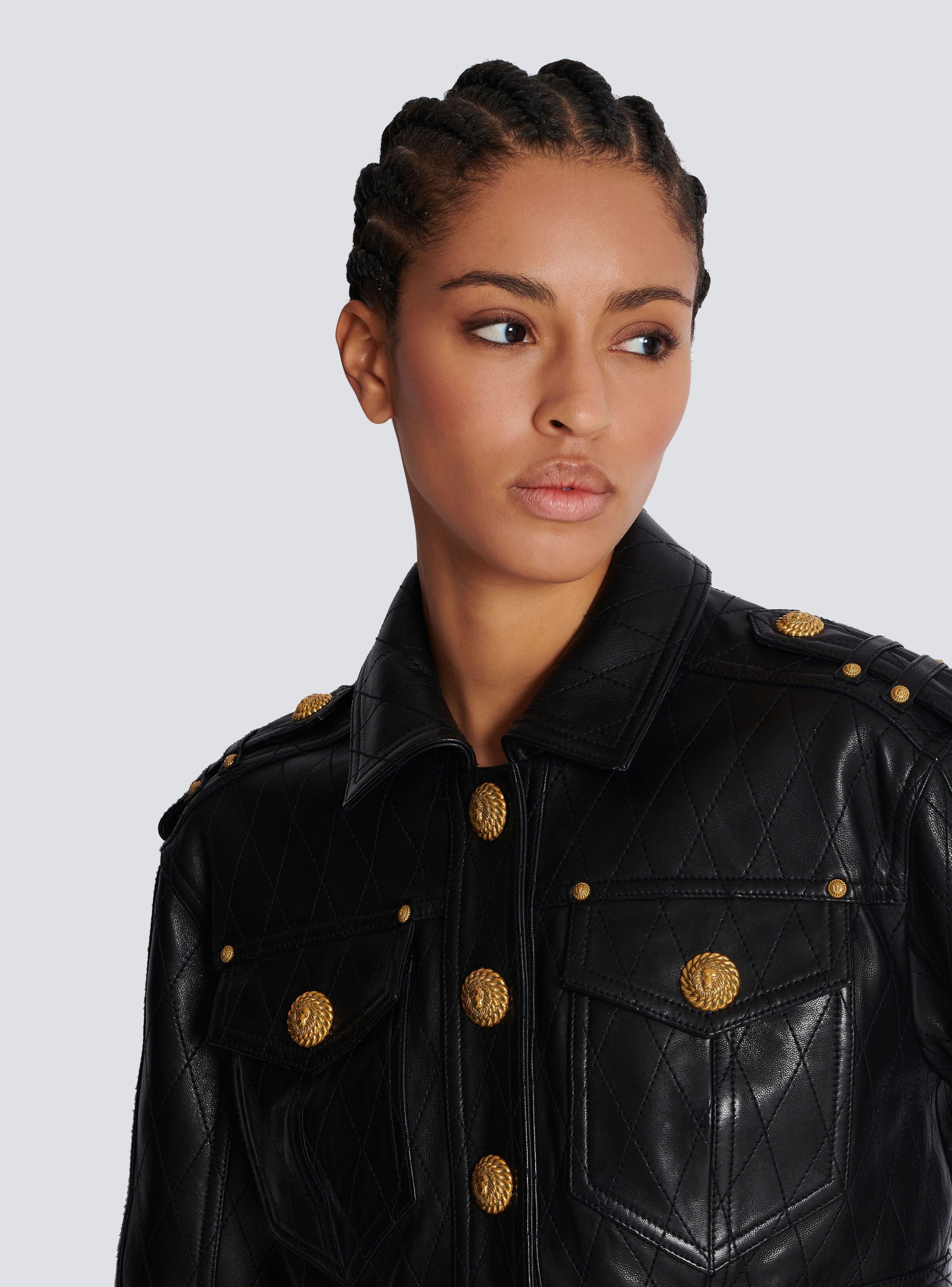 Balmain o1s1wg110725 Topstitched Cropped Leather Jacket in Black Size XL / US 12-14 / IT 48-50 - 3 Thumbnail