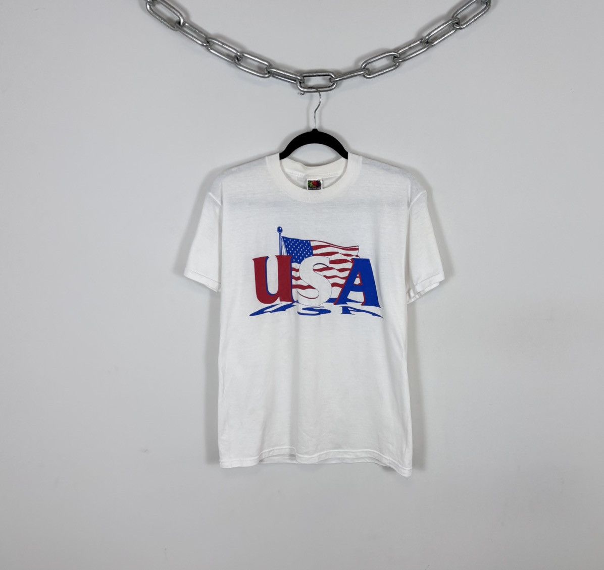 Fruit Of The Loom Vintage 1990s Big USA Flag Logo White T-Shirt Tee Size US M / EU 48-50 / 2 - 1 Thumbnail