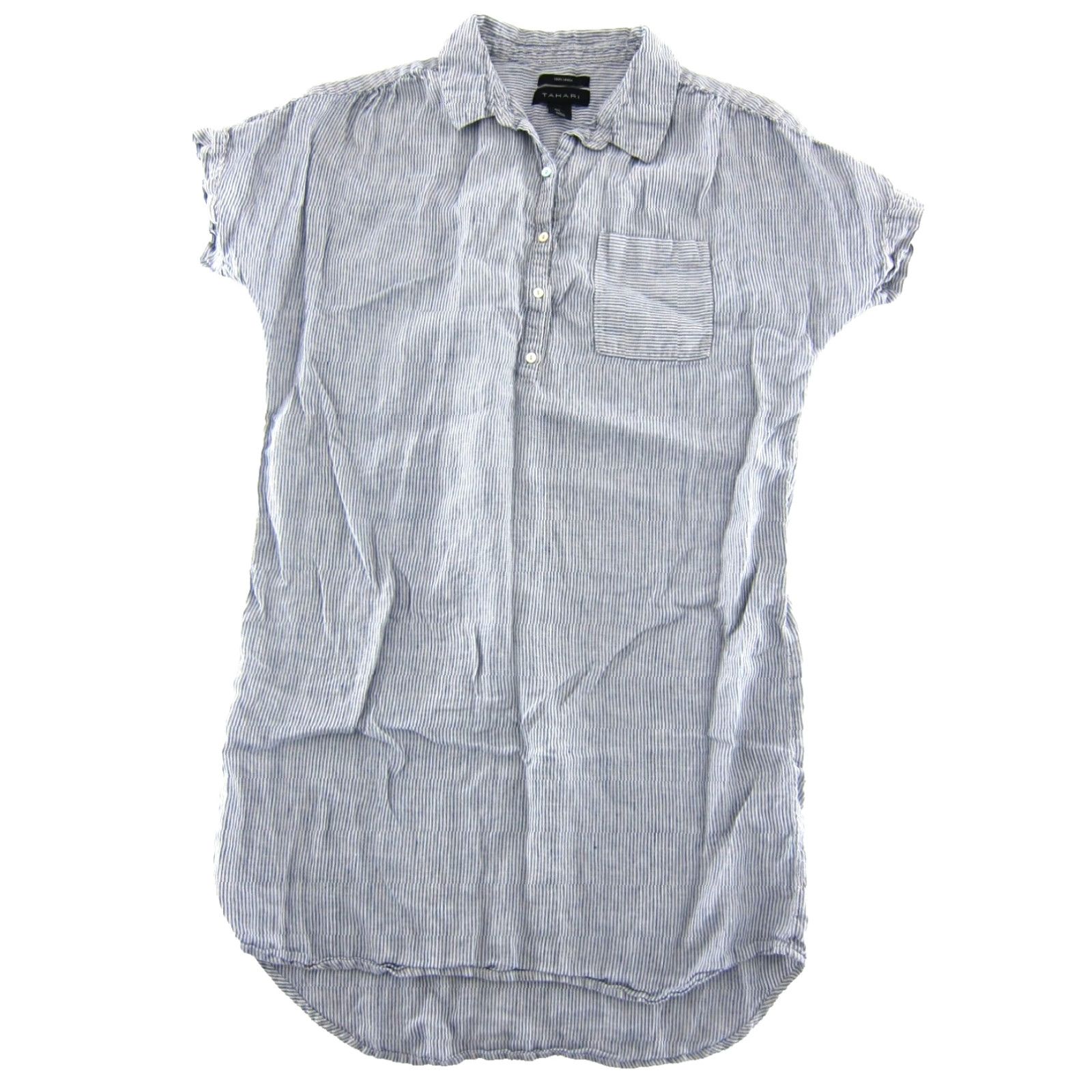 Vintage TAHARI Shirt Dress 100% Linen Blue White Pinstripe Short Sleeve Collared Large Size L / US 10 / IT 46 - 2 Thumbnail