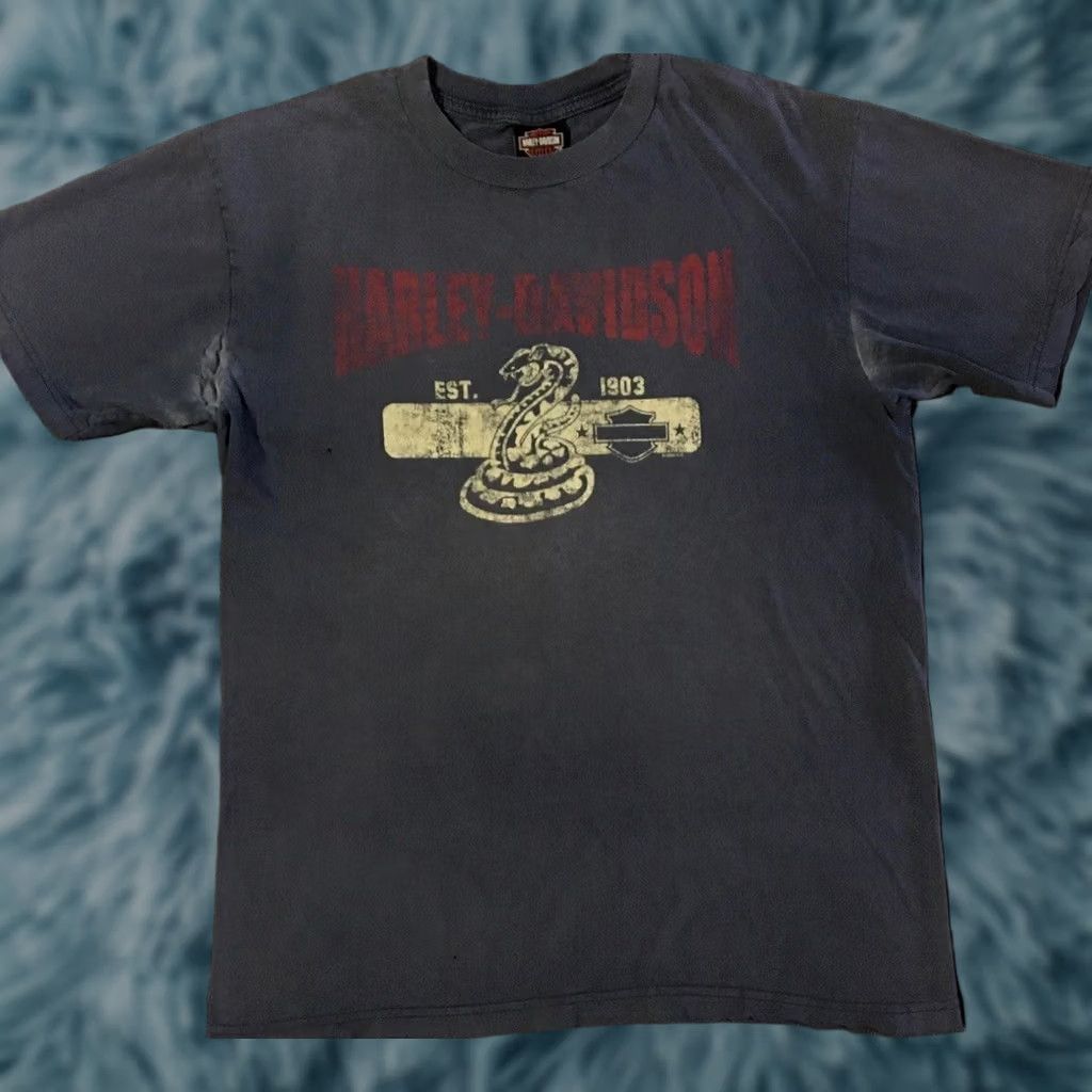 Harley Davidson Harley-Davidson Shirt Mens L Blue Vintage Germany Thrashed Faded Distressed Flames Graphic Tee 90s Y2K Grunge Punk Rock Biker USA California Size US L / EU 52-54 / 3 - 1 Thumbnail