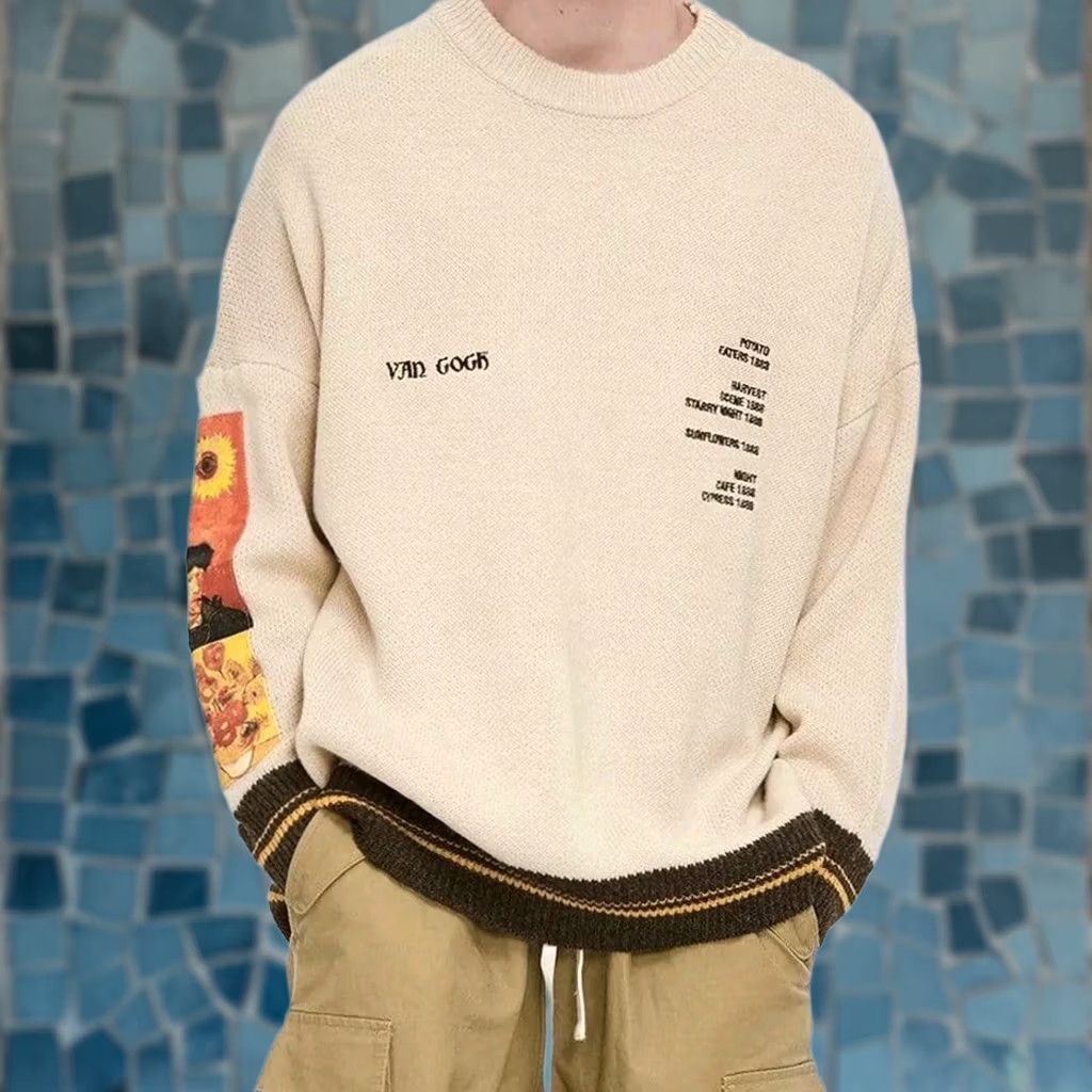 Vintage Aelfric Eden Sweater Pullover Beige M Van Gogh Sunflower & Self Portrait Men's Size US M / EU 48-50 / 2 - 1 Thumbnail