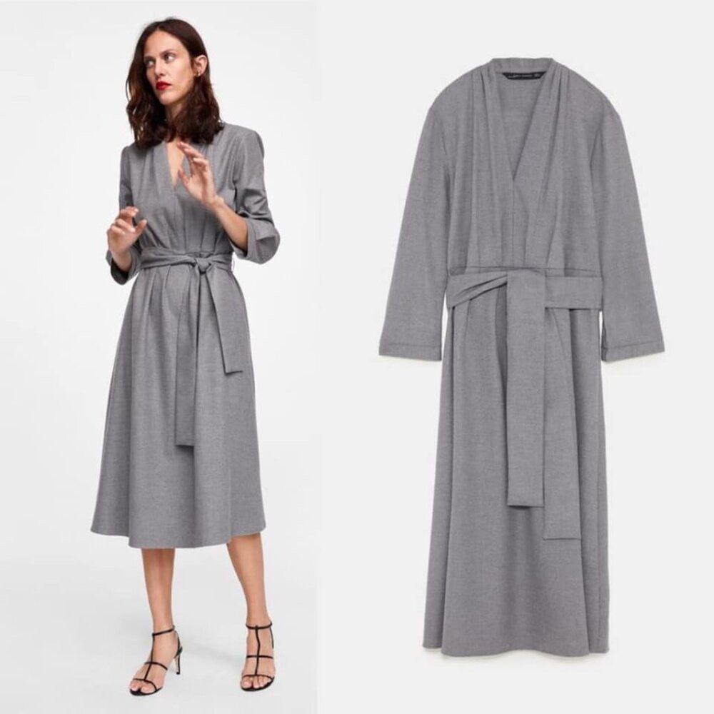 Zara NWT New Zara Long Sleeve V-Neck Belted Grey Dress Size S Size S / US 4 / IT 40 - 1 Thumbnail