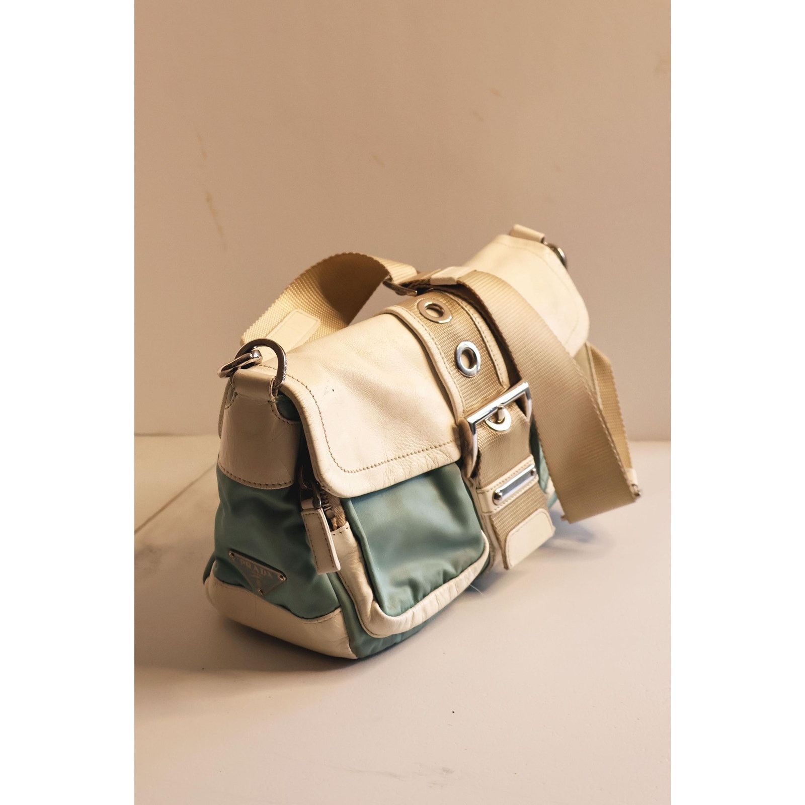 Prada Vintage PRADA White Leather + Baby Blue Nylon Bag Size ONE SIZE - 3 Thumbnail