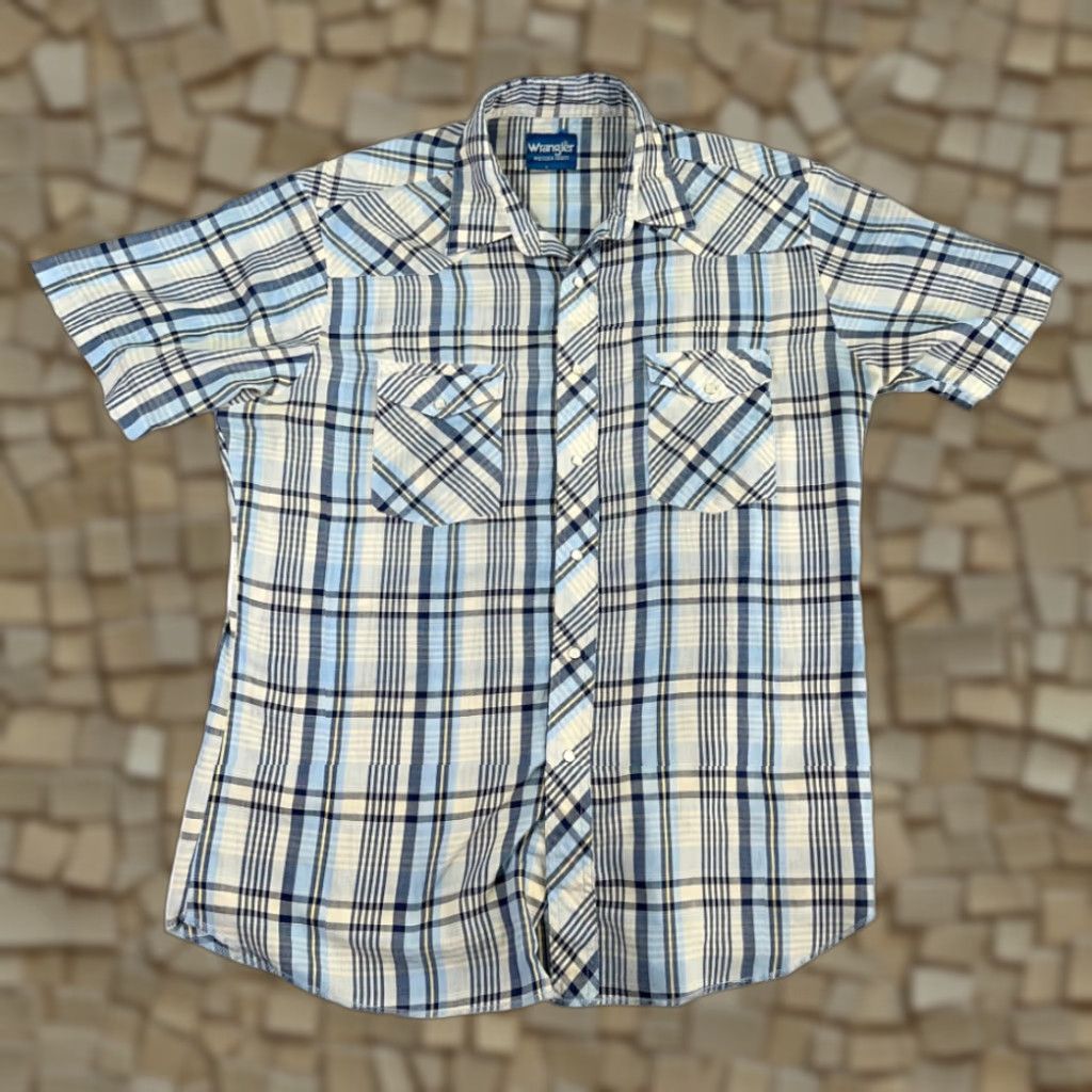 Wrangler VINTAGE Wrangler Western Shirt Adult LARGE Blue White Plaid Pearl Snap 90s Shirt Mens Size US L / EU 52-54 / 3 - 1 Thumbnail