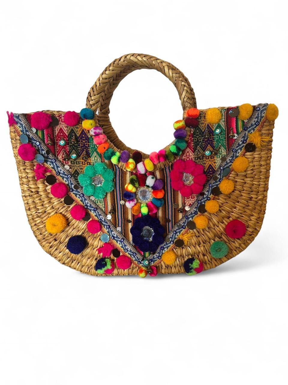 Other PITUSA Boho Embellished Straw Basket Tote Beach Bag Size ONE SIZE - 1 Thumbnail