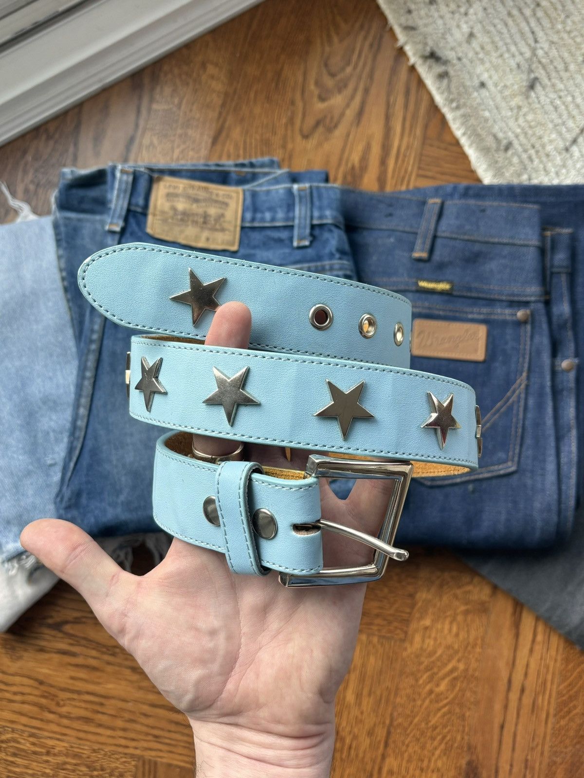 Genuine Leather × Vintage 2000s Vintage Star Studded Belt Y2K Blue Leather Metal Punk Size ONE SIZE - 9 Thumbnail