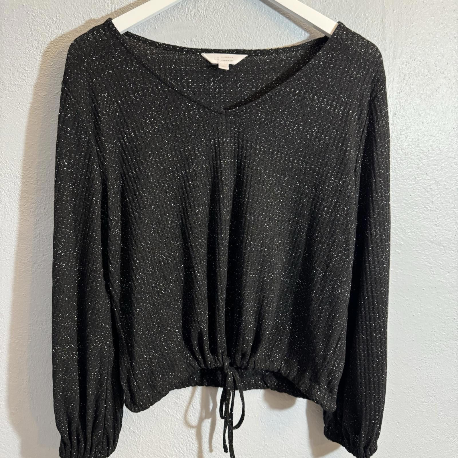 Designer LC Lauren Conrad Large Knit Puff Sleeve Black Silver Shimm Size L / US 10 / IT 46 - 2 Thumbnail