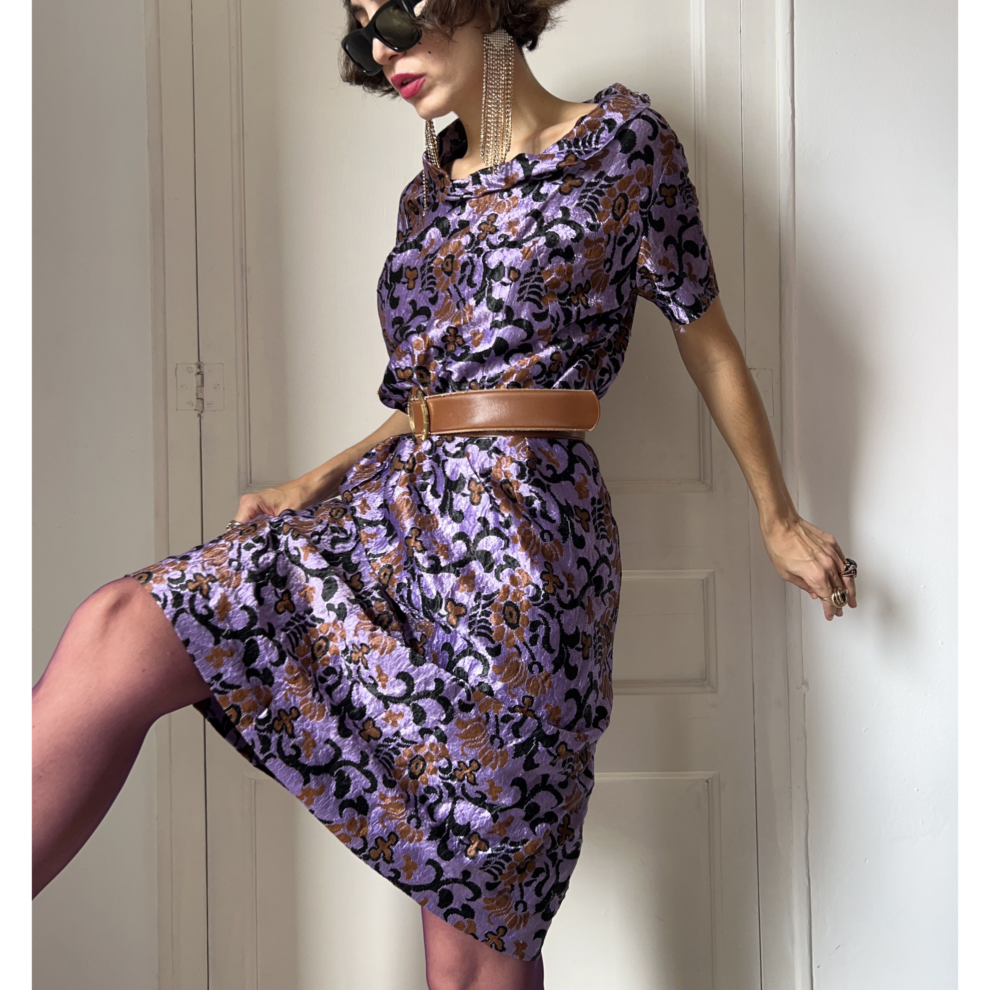 Vintage 60s Purple Floral Jacquard Brocade Midi Dress Size M / US 6-8 / IT 42-44 - 8 Thumbnail