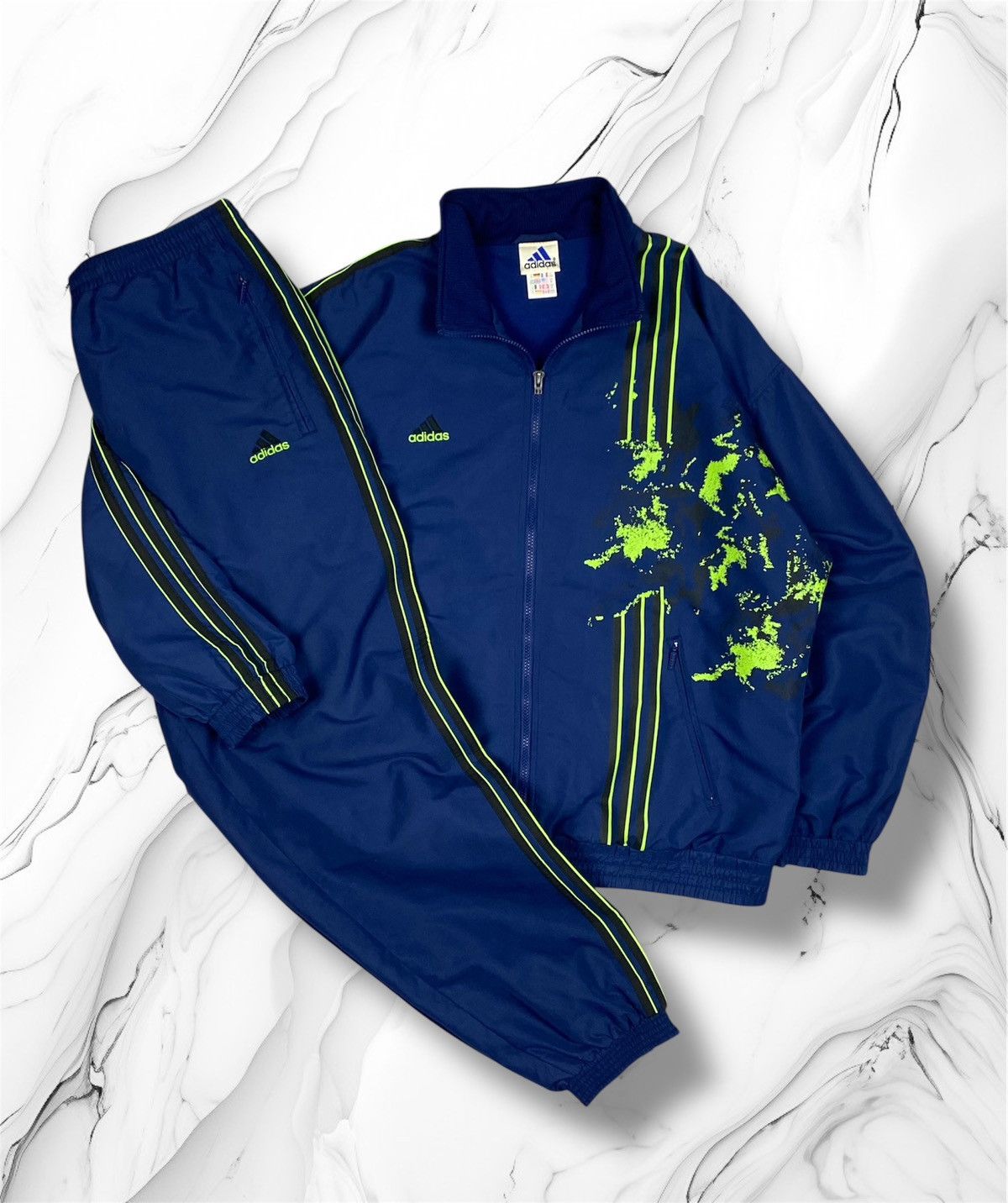 Adidas Vtg Adidas Tracksuit Full Set Jacket Pants Blue Green Neon Size US 33 - 1 Thumbnail