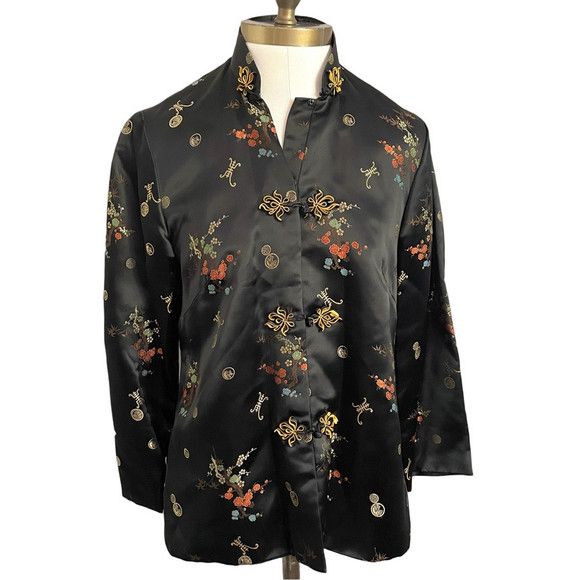 Vintage Vintage Chinese Black Satin Brocade Light Jacket - Small Size S / US 4 / IT 40 - 2 Thumbnail