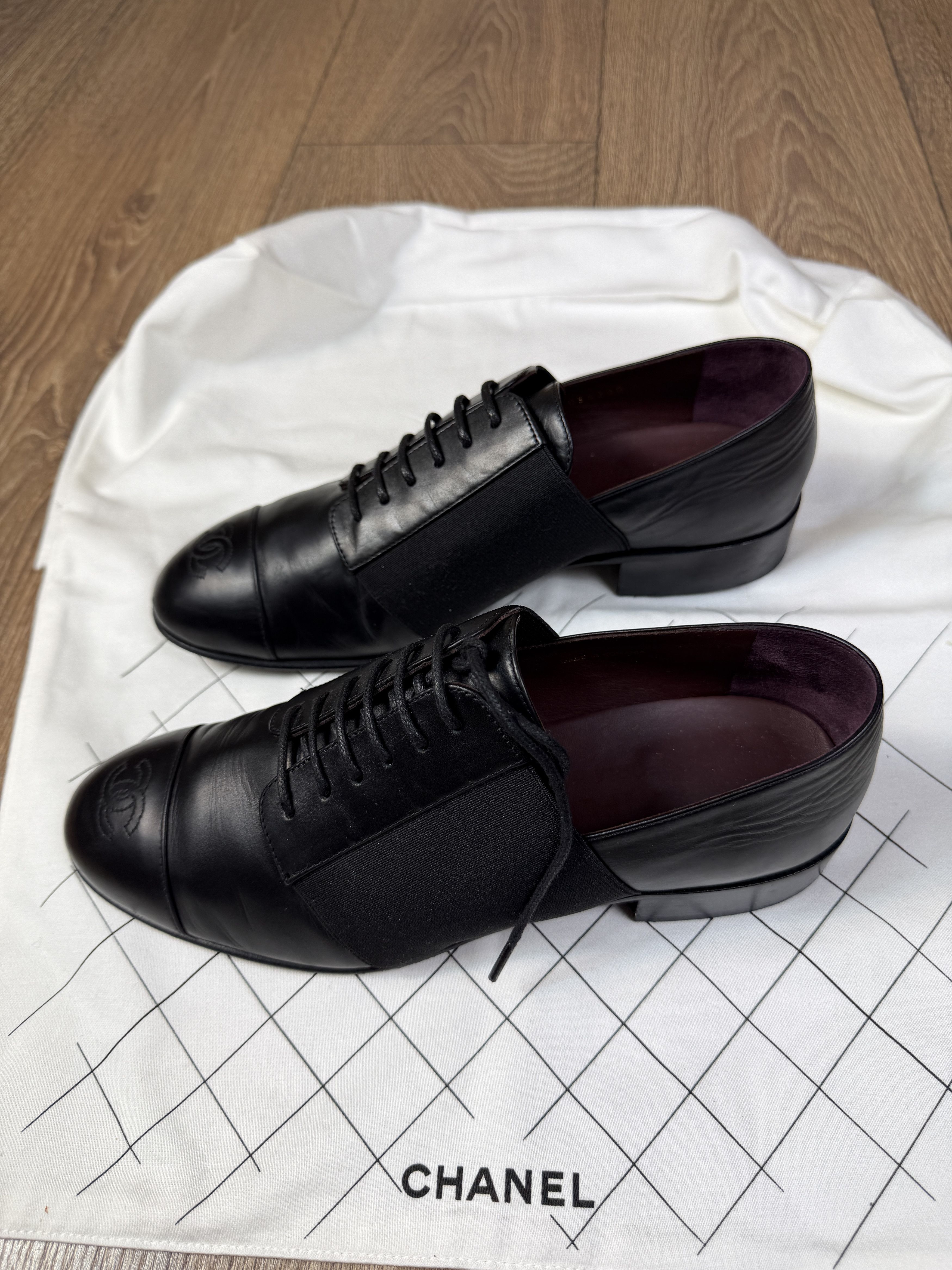 Chanel Chanel black cc leather and canvas lace up flat shoes zx 38c Size US 8 / IT 38 - 10 Thumbnail