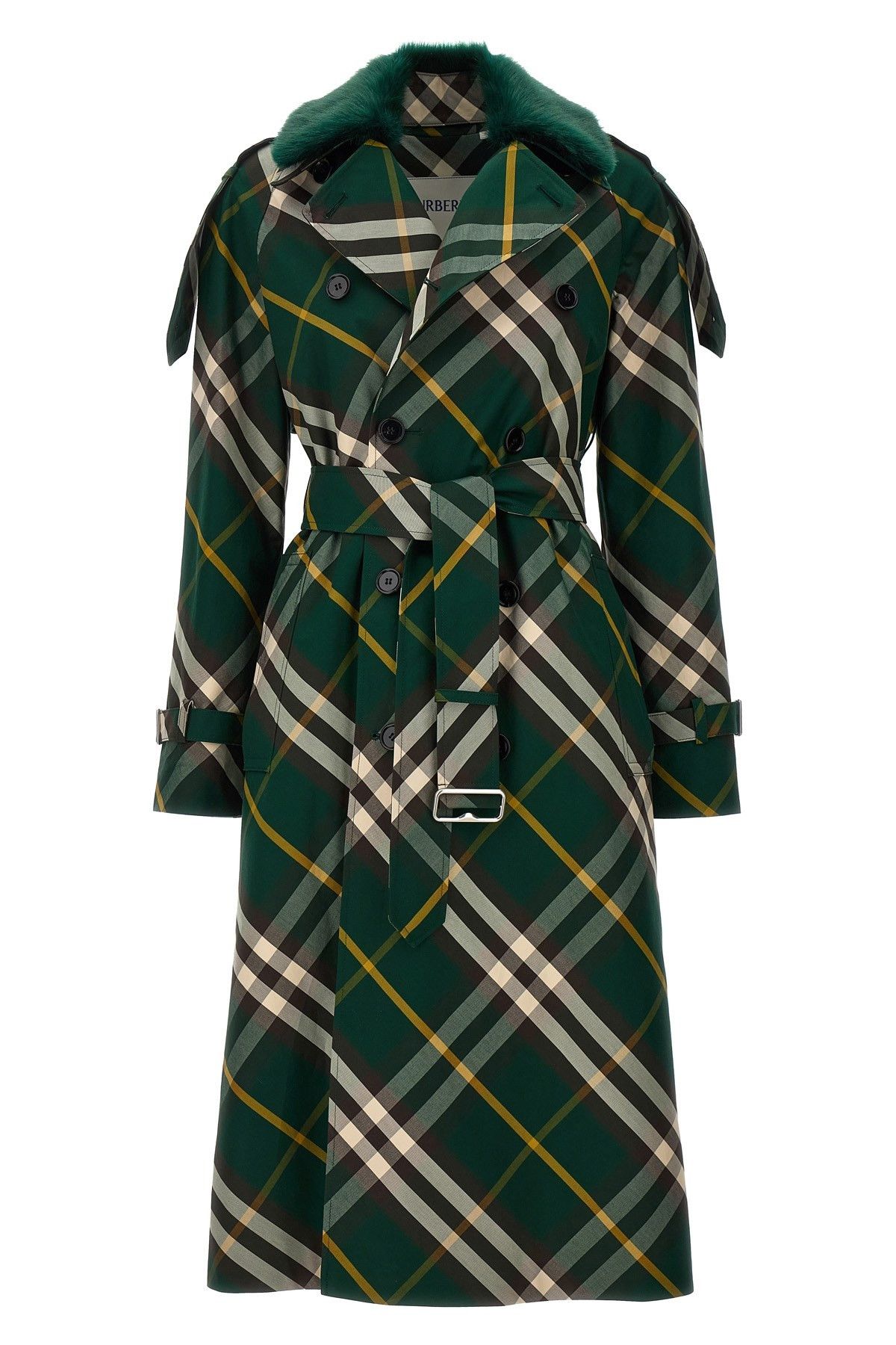 image of Burberry Check Long Gabardine Trench Coat in Green, Women's (Size XS)