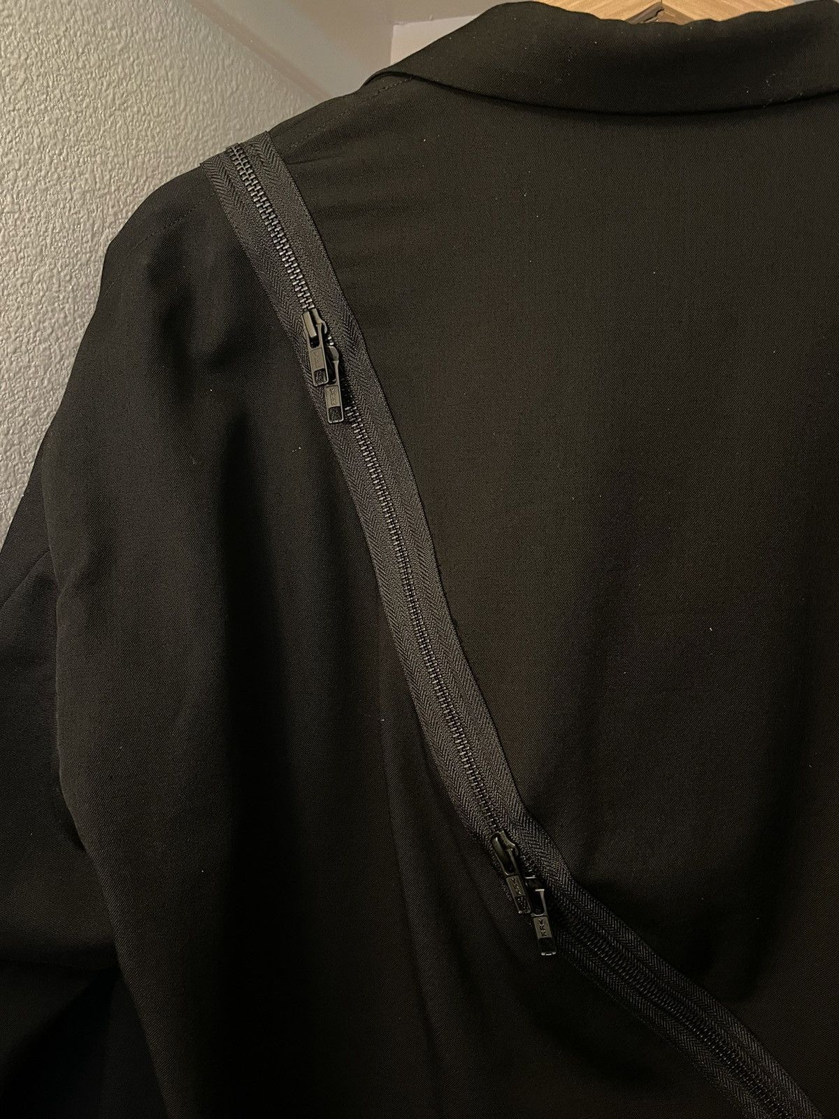 image of B. Yohji Yamamoto Wool Gabardine Spiral Zip Coat in Black, Men's (Size Small)