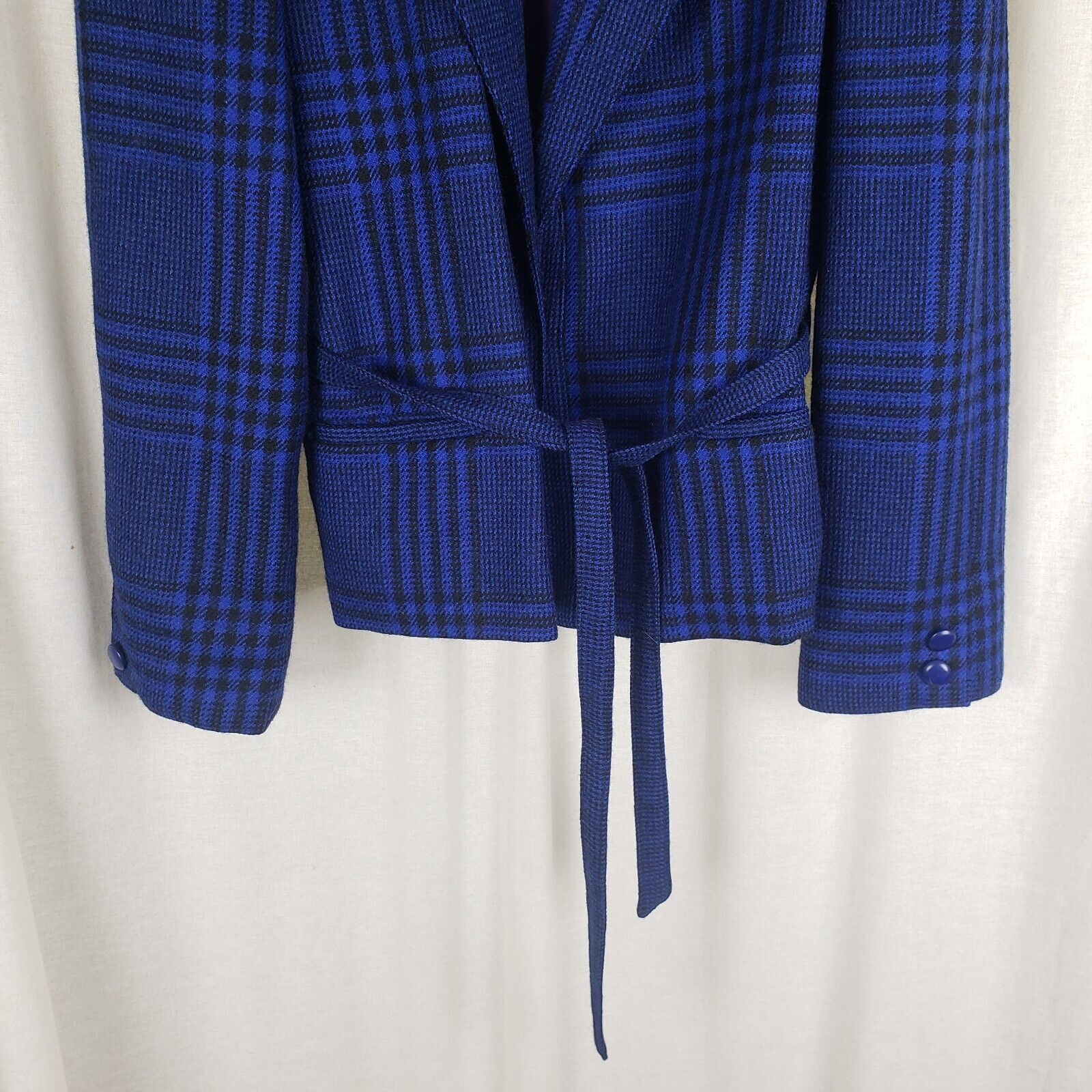 Vintage Vtg Cobalt Plaid Draped Collar Tie Wrap Jacket Blazer France Size L / US 10 / IT 46 - 3 Thumbnail