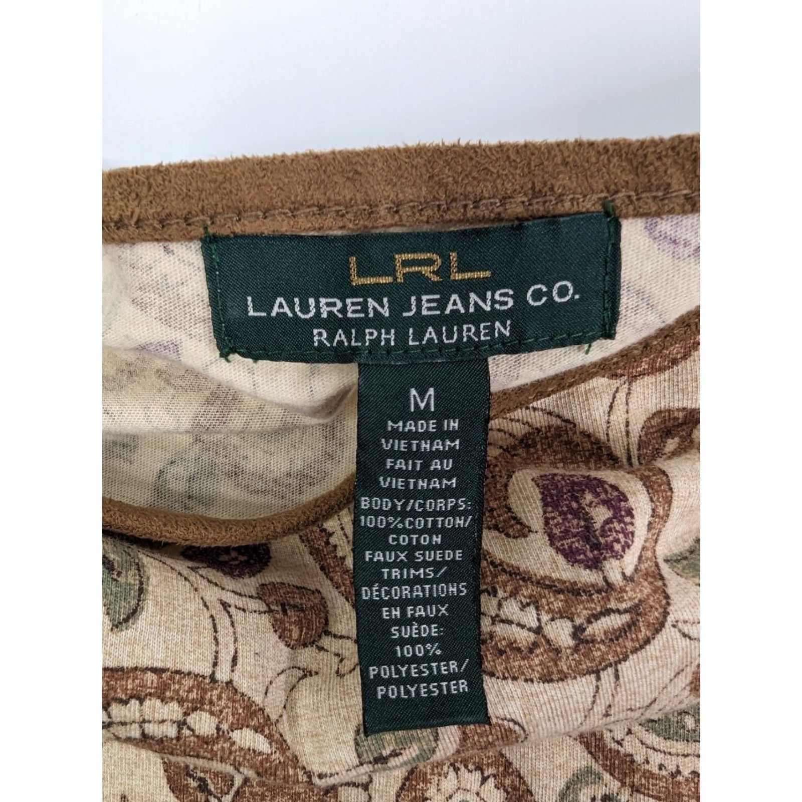 Ralph Lauren RALPH LAUREN LRL Tan Paisley Cotton Knit Faux Suede Trim Smocked Hem Top M Beige Womens Blouse Knit Cotton Short Sleeves Boat Neck Casual 90s? Size M / US 6-8 / IT 42-44 - 7 Thumbnail