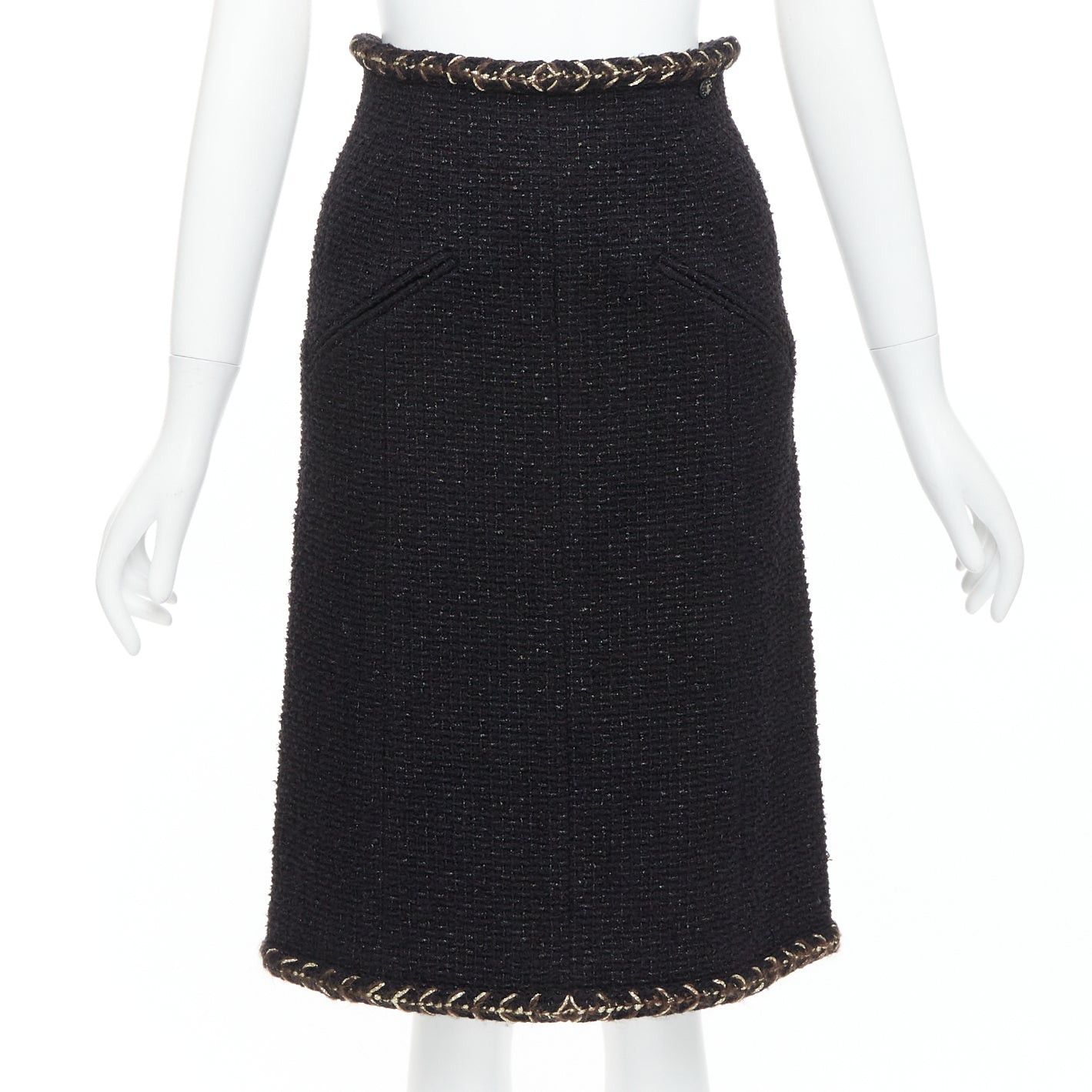 CHANEL 18K black cotton tweed brown gold braided trim tweed skirt FR34 XS