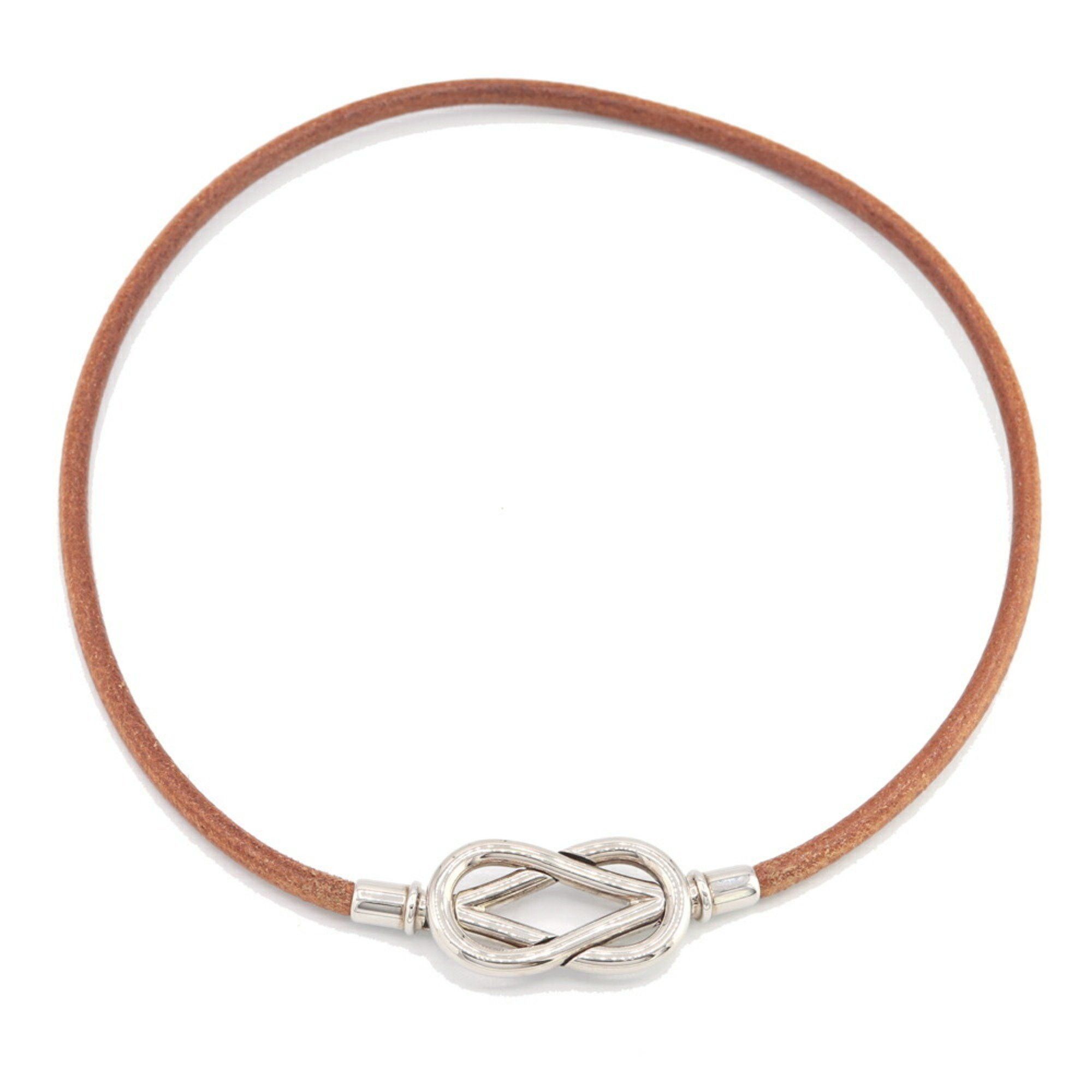 image of Hermes Choker Attachment Natural Silver Leather Metal Bangle Ladies Men's Bracelet Double Hermes