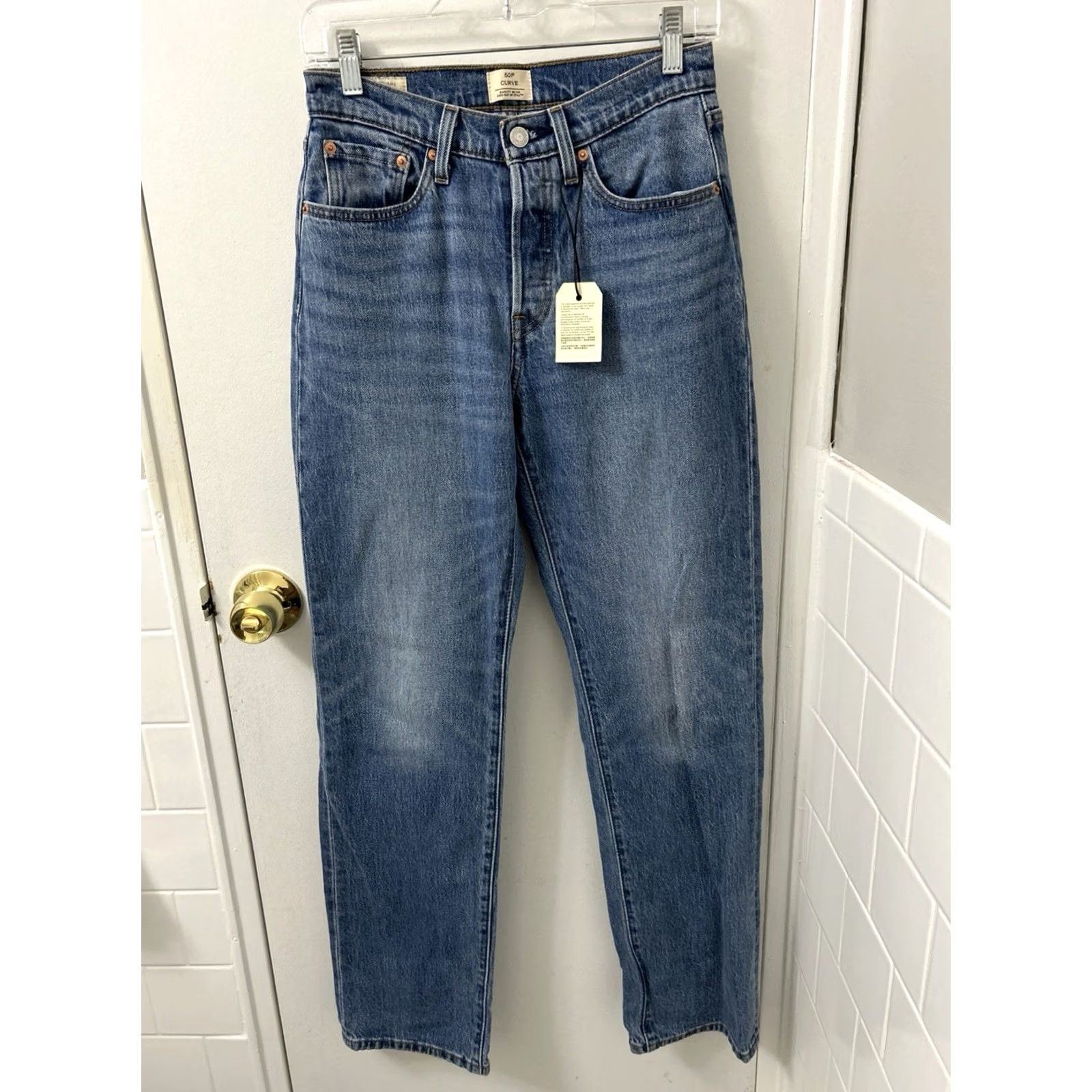 Vintage Levi Strauss 501 Curve Jeans Womens 27x32 Blue Wash High Rise Straight Leg Slim Regular Denim Button Fly NWT Size 27" / US 4 / IT 40 - 2 Thumbnail