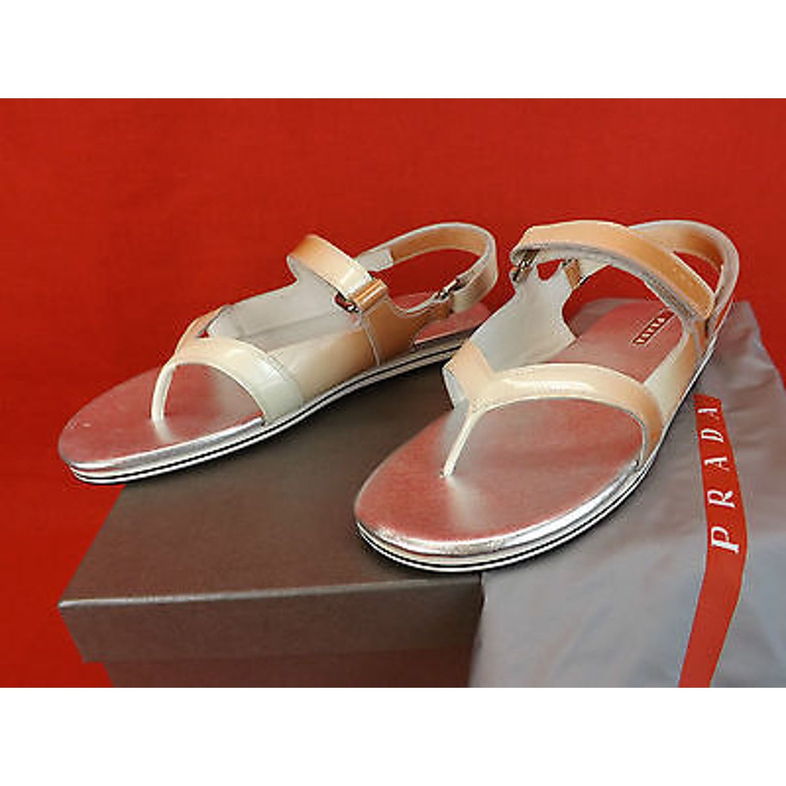 Prada PATENT OMBRE LEATHER FLATS TWO TONE THONG SANDALS 37.5 Size US 7.5 / IT 37.5 - 11 Thumbnail