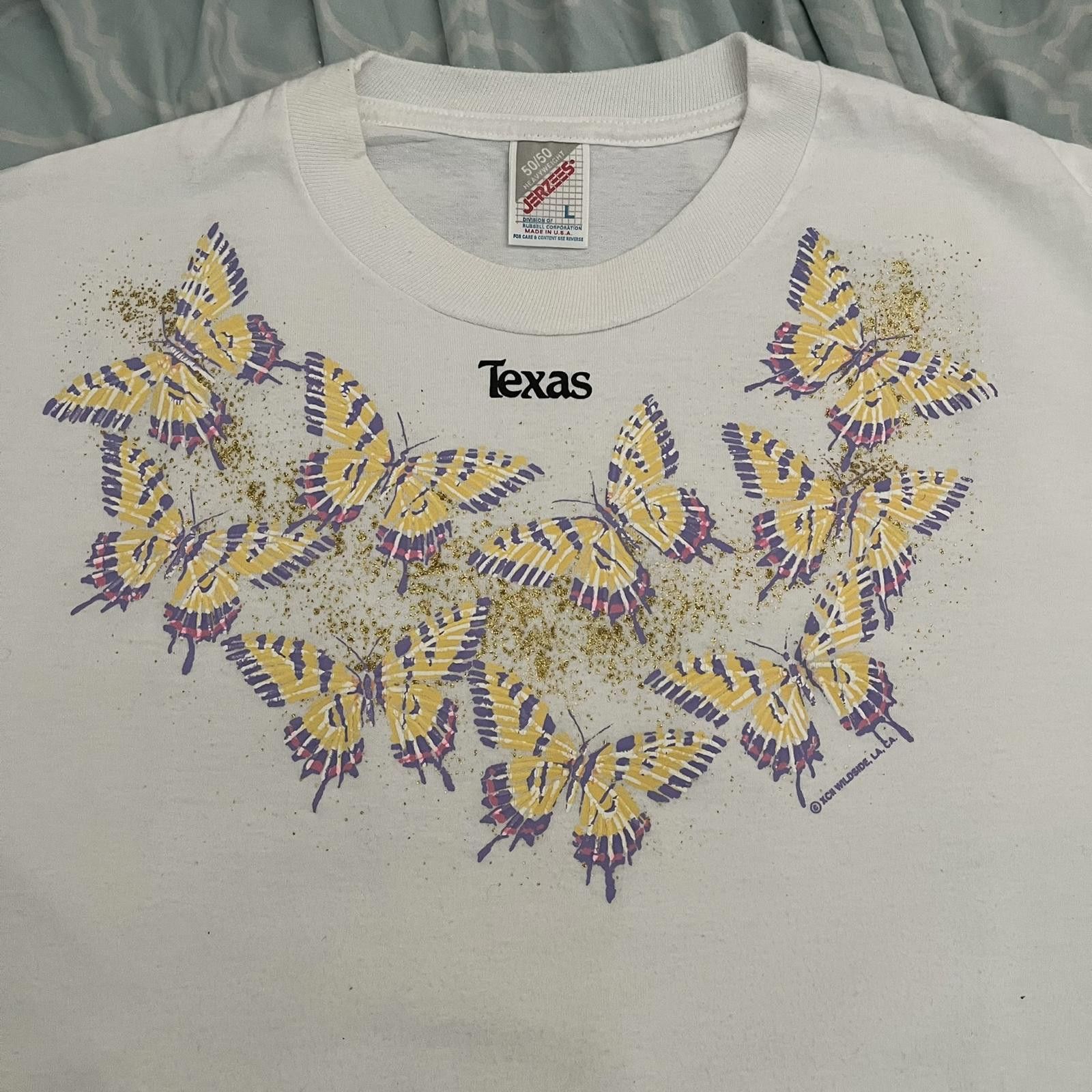 Jerzees VTG 90s Wildside Glitter Butterfly Texas White Graphic Tee Size L / US 10 / IT 46 - 3 Thumbnail