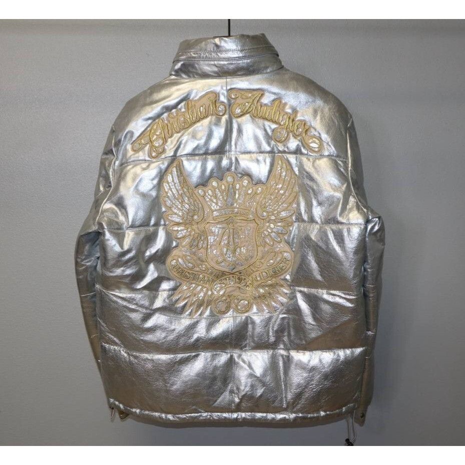 Christian Audigier Y2K Metallic Leather Puffer Jacket Gold Eagle Logo Sz M Size US M / EU 48-50 / 2 - 2 Thumbnail