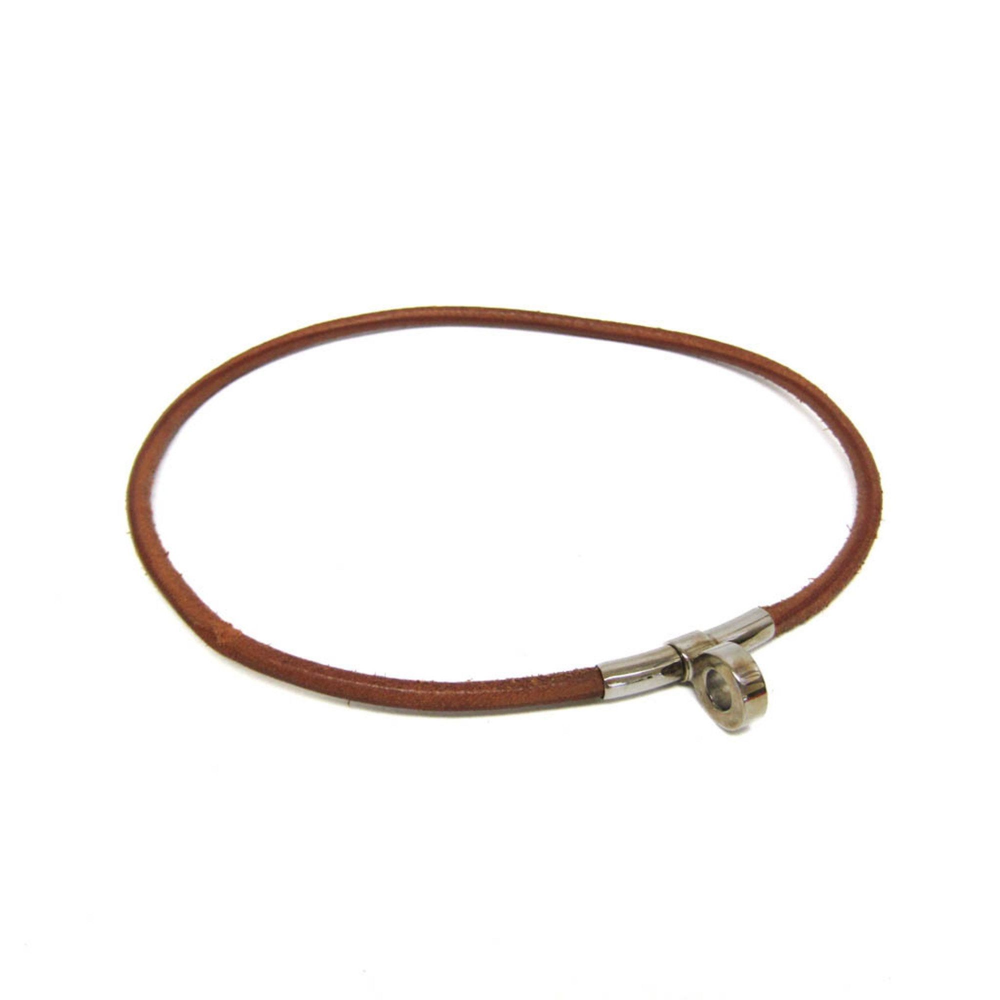 image of Hermes Kite Leather,metal Women's Choker Necklace [Brown,silver]