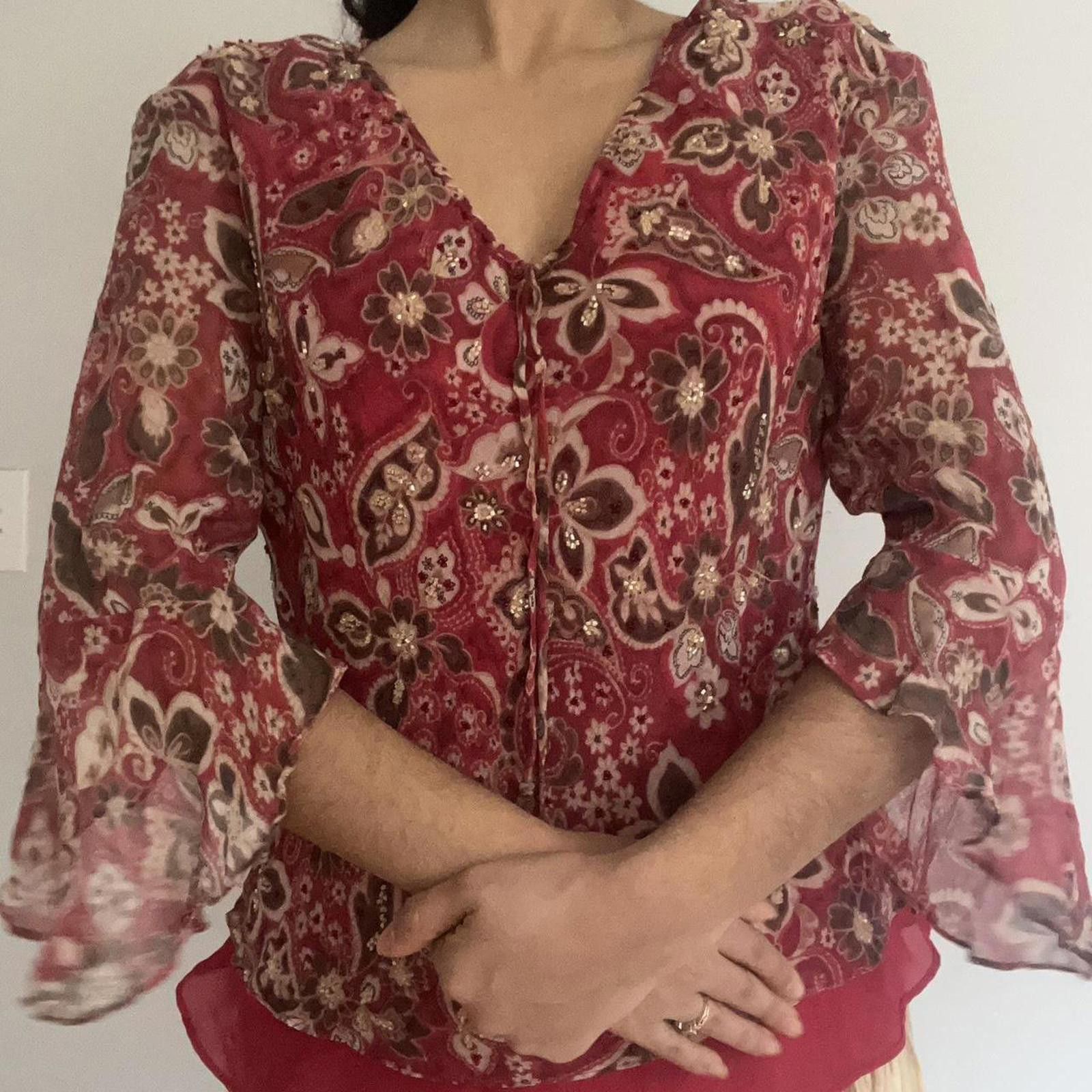 Other Red and brown floral blouse with 3/4 length sleeves Size L / US 10 / IT 46 - 4 Thumbnail