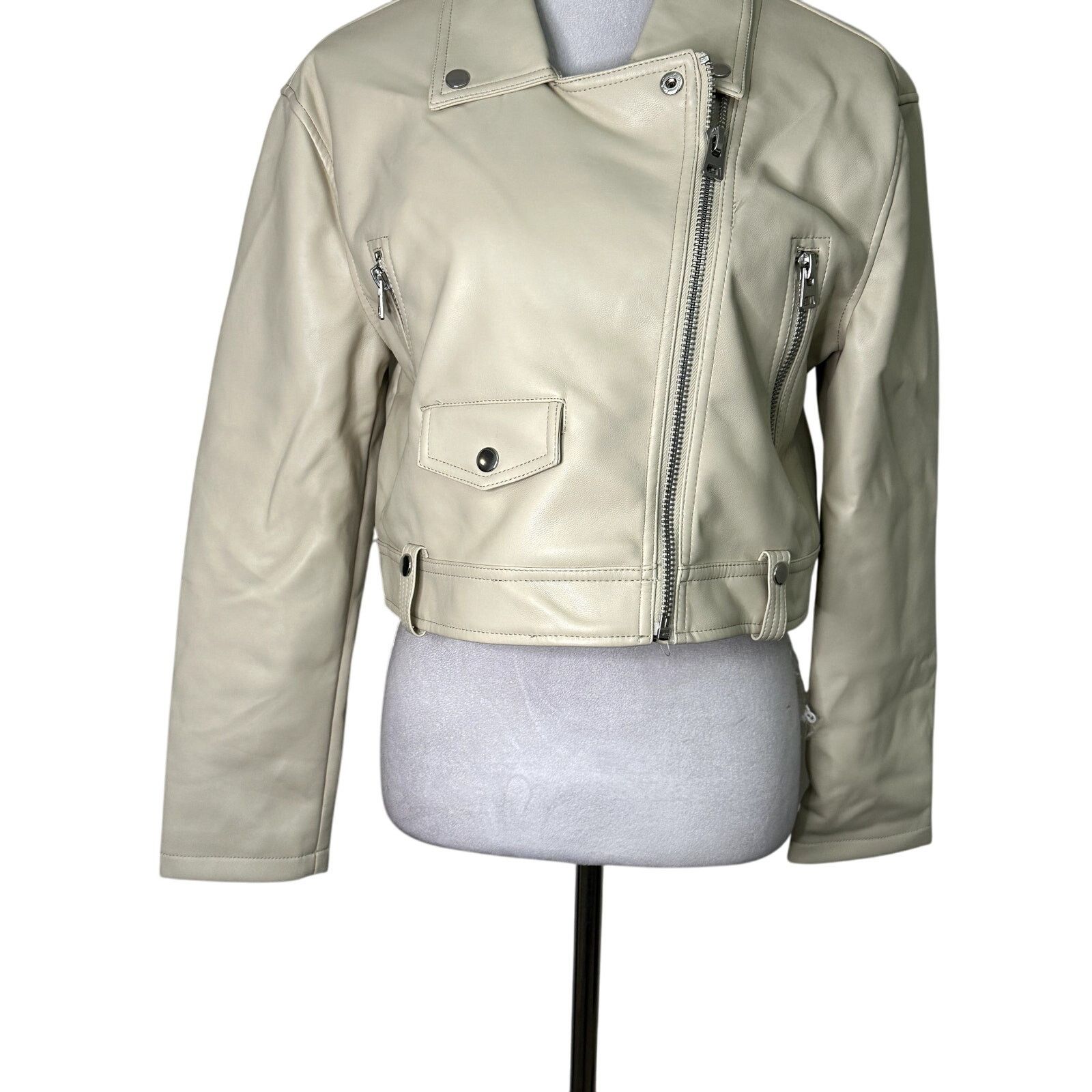 Topshop Topshop Moto Jacket Faux Leather Zipper Long Sleeve Cream 2 Size XS / US 0-2 / IT 36-38 - 3 Thumbnail