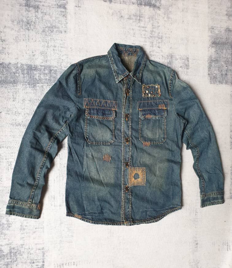 Japanese Brand 💥291295=Homme distressed patchwork Japanese chambray shirt Size US M / EU 48-50 / 2 - 5 Thumbnail