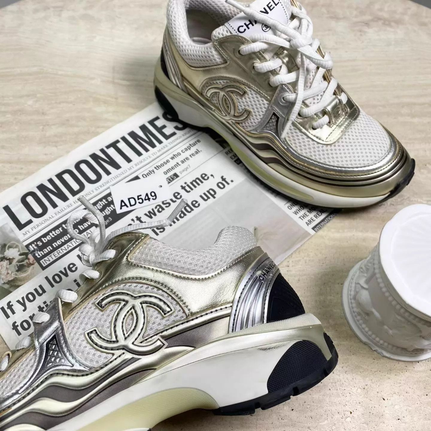 Chanel CHANEL White Gold Logo King Horns LT Sneaker 37 98 AD549 Size US 6.5 / IT 36.5 - 4 Thumbnail